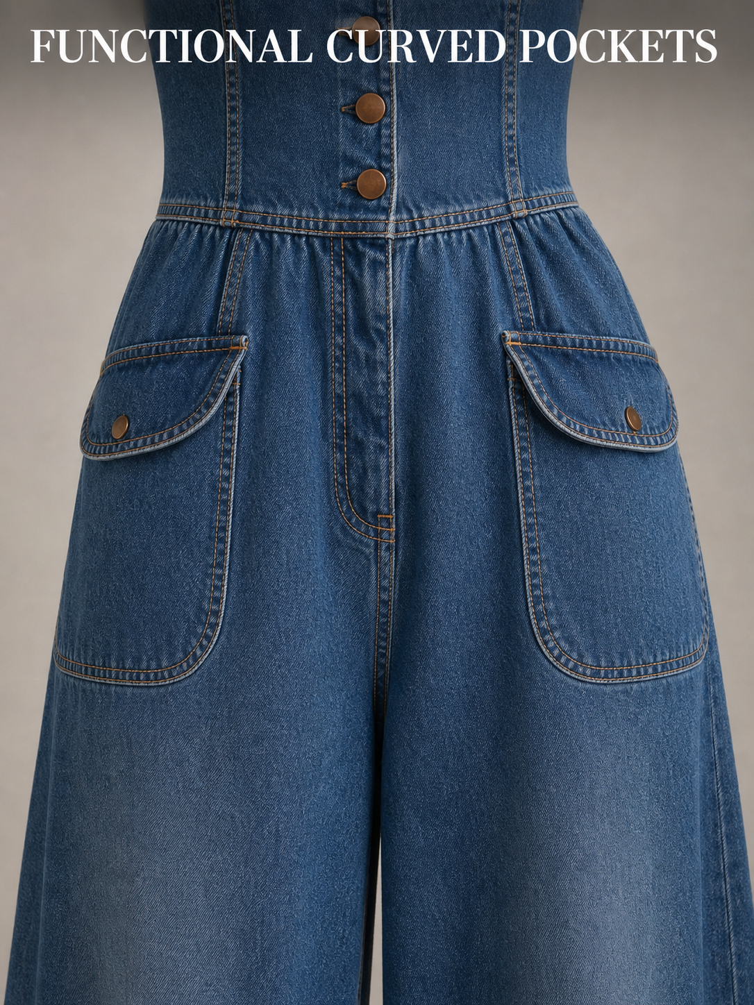 Curved front patch pockets and gathered waist craftsmanship