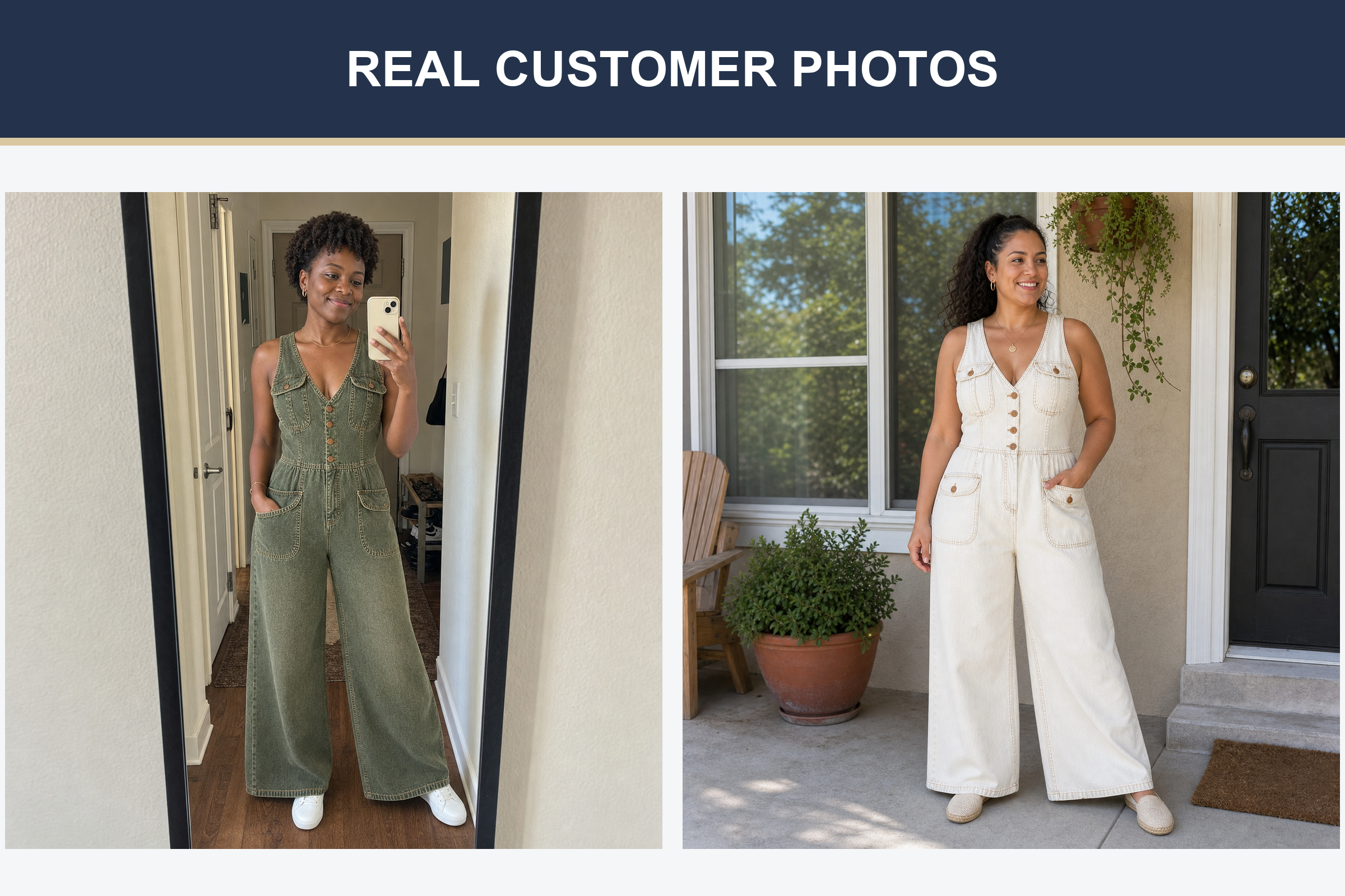 Real customer denim jumpsuit photos in olive and warm ecru