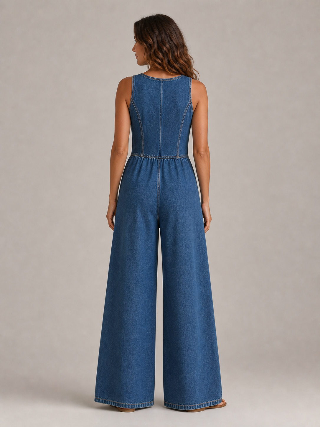 Women's blue denim wide-leg jumpsuit back view
