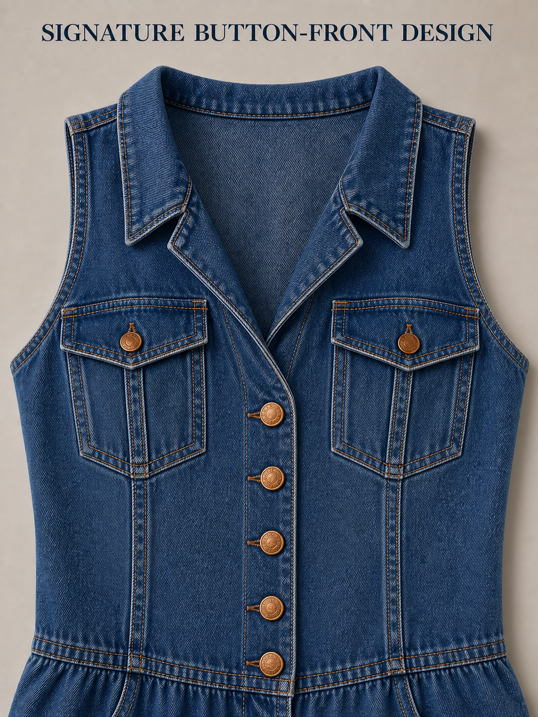 Pointed collar and five-button denim bodice detail