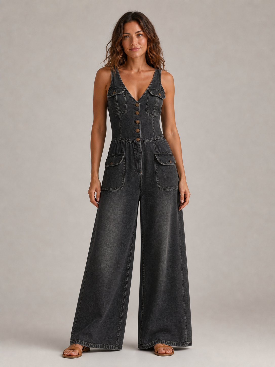 Women's charcoal gray denim wide-leg jumpsuit