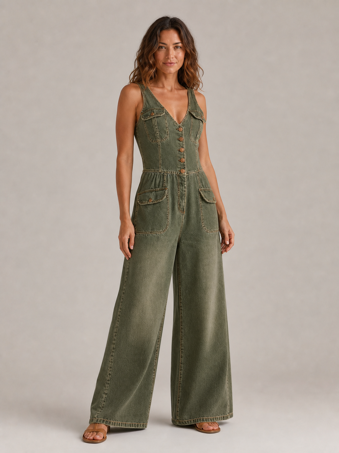 Women's olive green denim wide-leg jumpsuit