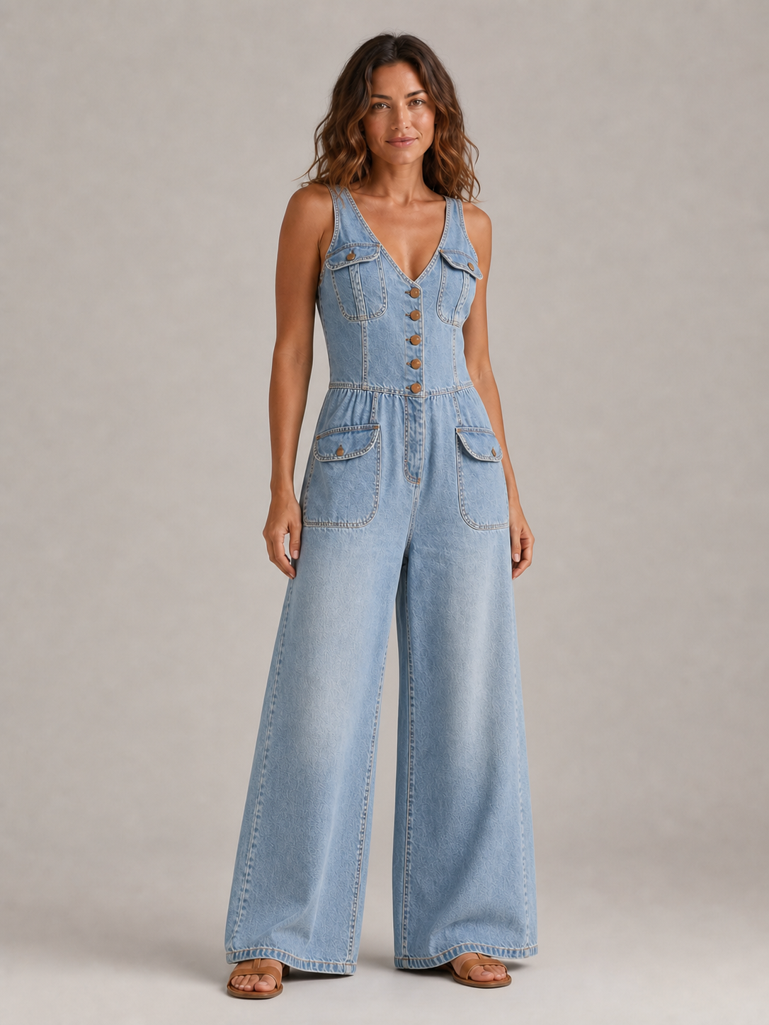 Women's light vintage blue denim wide-leg jumpsuit