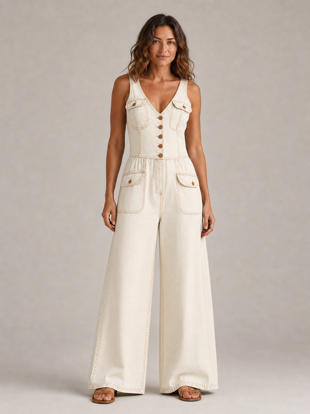 Women's warm ecru denim wide-leg jumpsuit