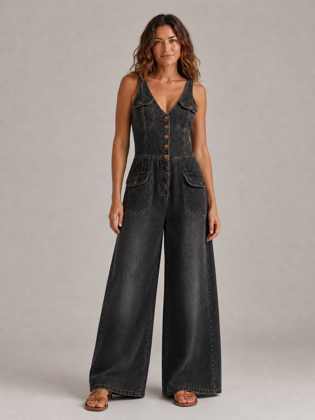 Women's washed black denim wide-leg jumpsuit