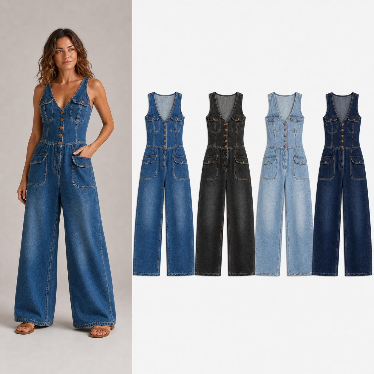 Women's denim wide-leg jumpsuit mixed four pack A