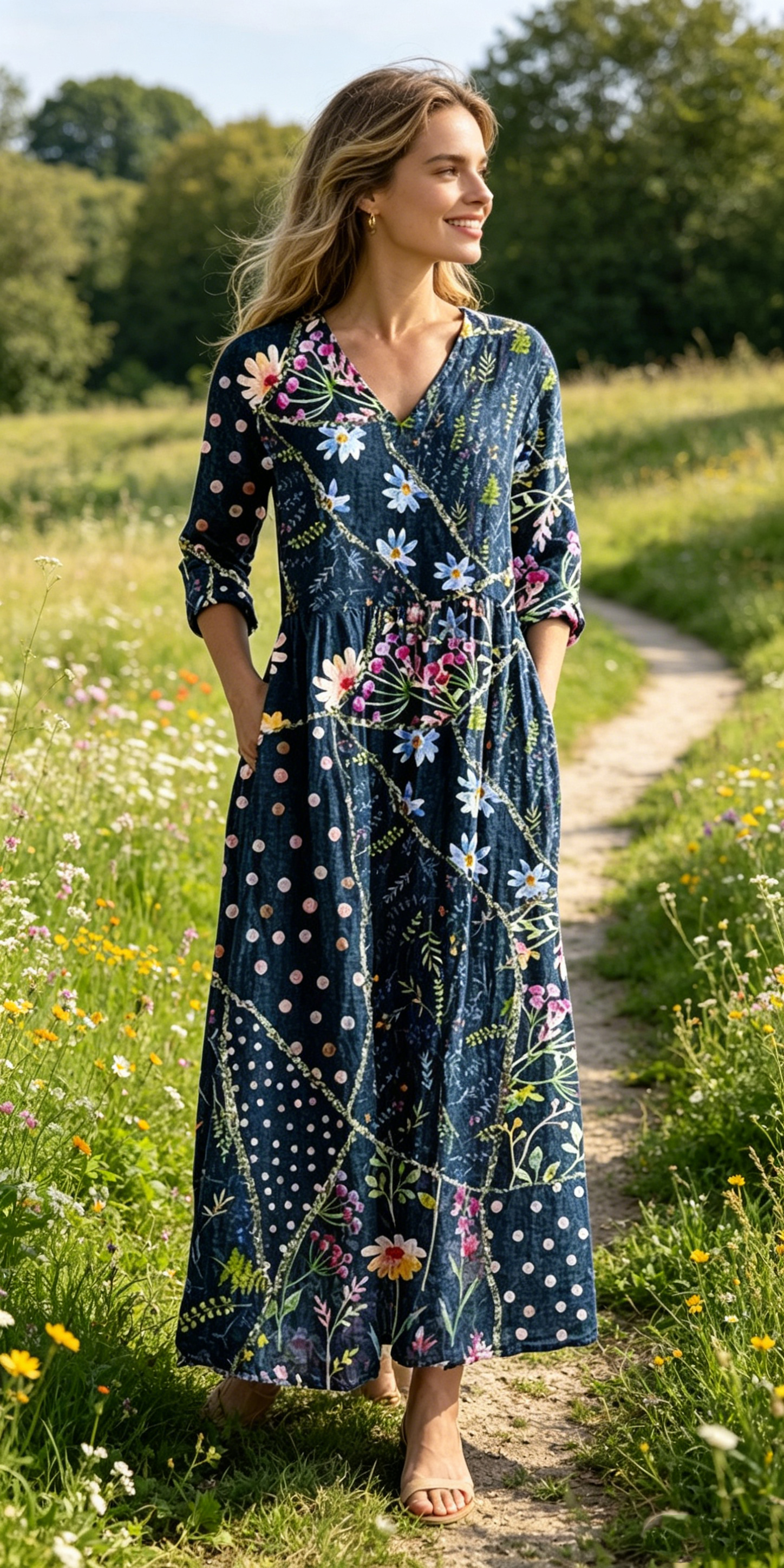 Verschiedene Ausführungen erhältlich – locker sitzendes, stilvolles und elegantes bedrucktes Kleid mit V-Ausschnitt