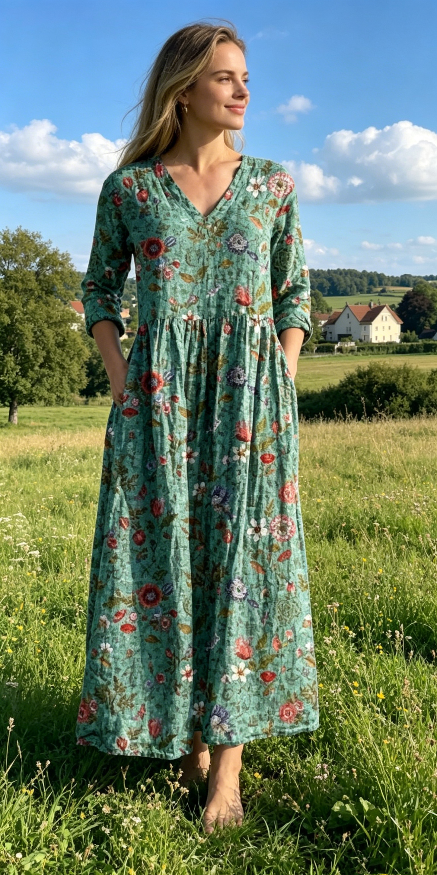 Verschiedene Ausführungen erhältlich – locker sitzendes, stilvolles und elegantes bedrucktes Kleid mit V-Ausschnitt