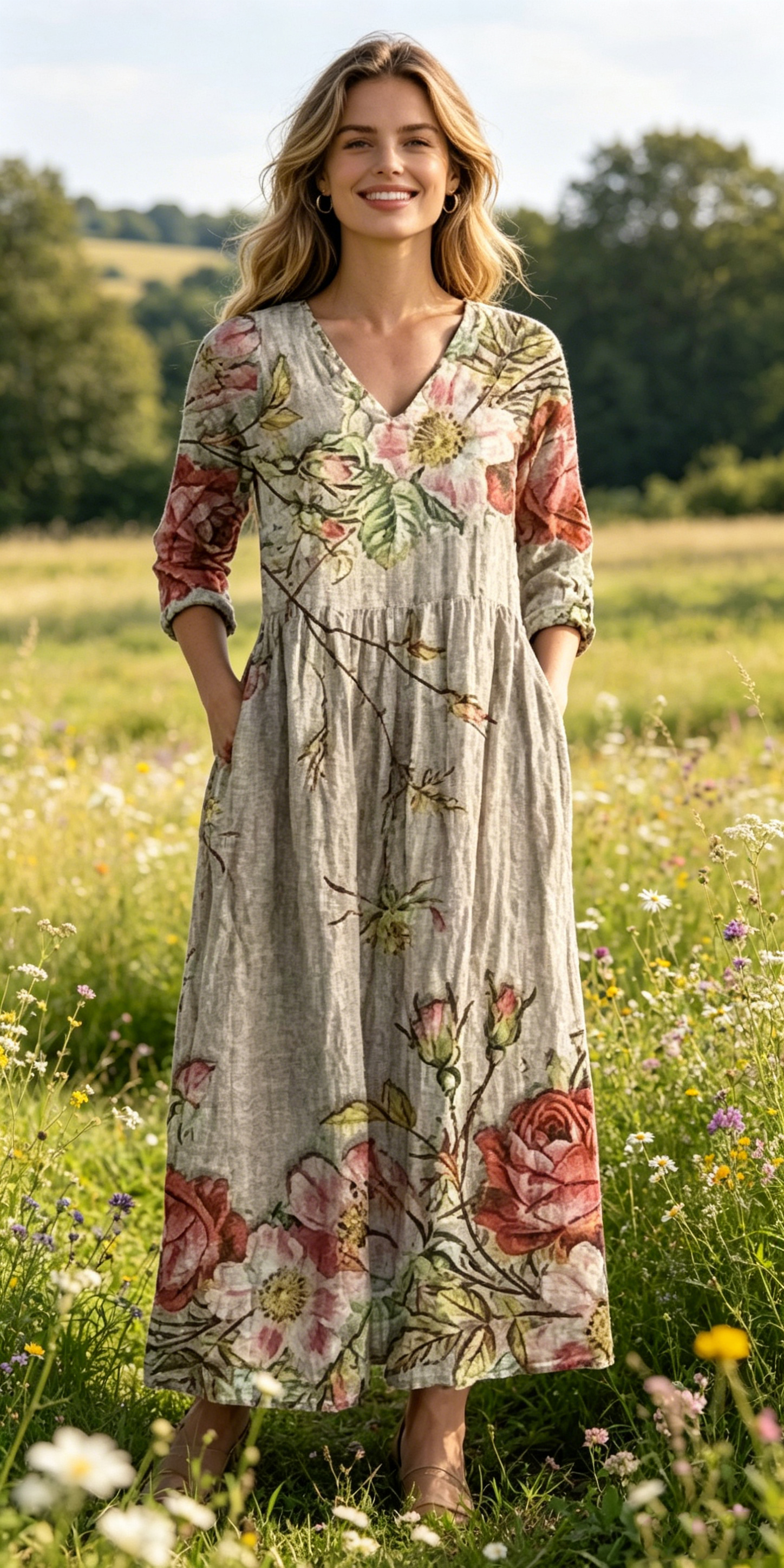 Verschiedene Ausführungen erhältlich – locker sitzendes, stilvolles und elegantes bedrucktes Kleid mit V-Ausschnitt