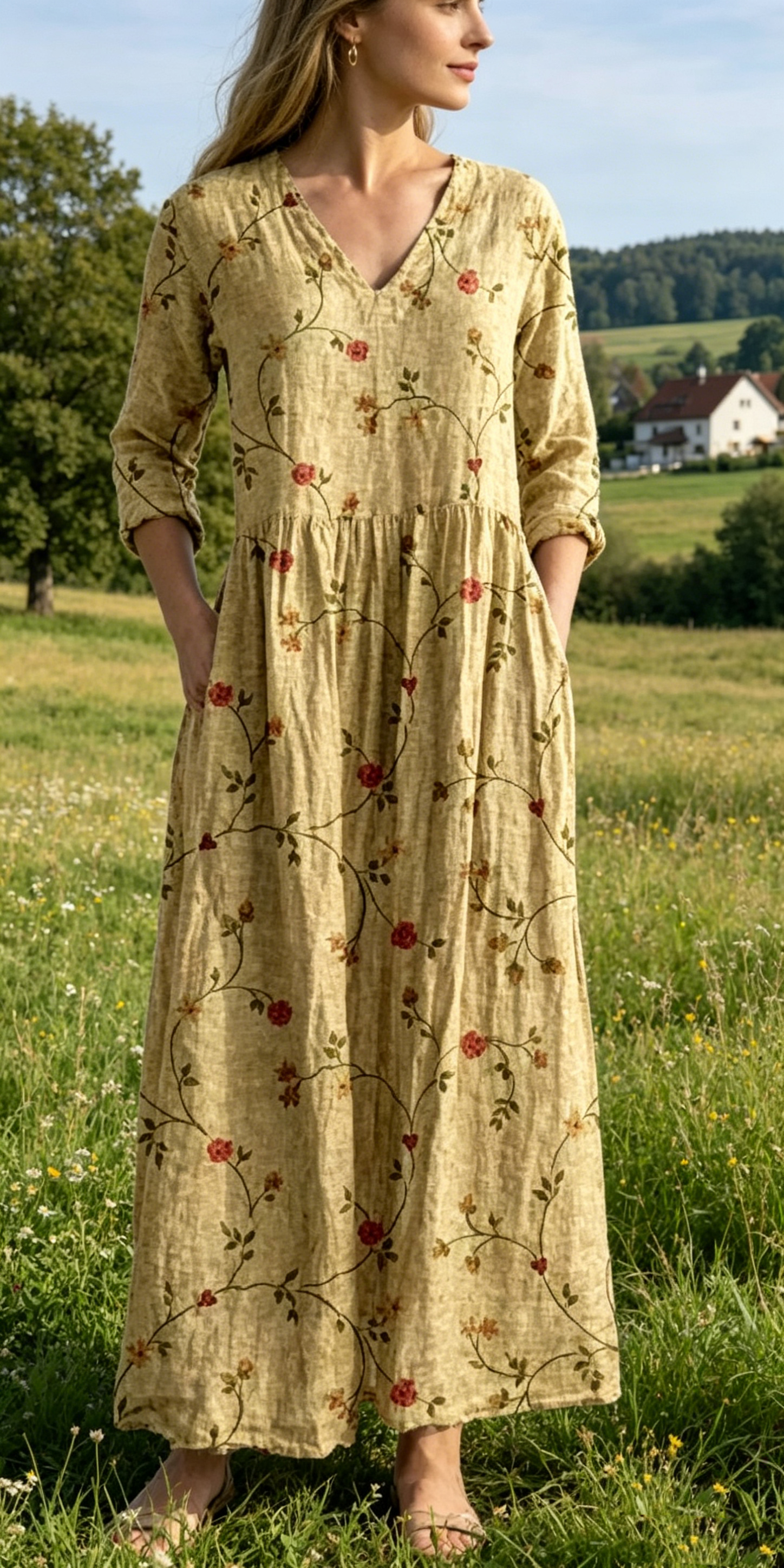 Verschiedene Ausführungen erhältlich – locker sitzendes, stilvolles und elegantes bedrucktes Kleid mit V-Ausschnitt