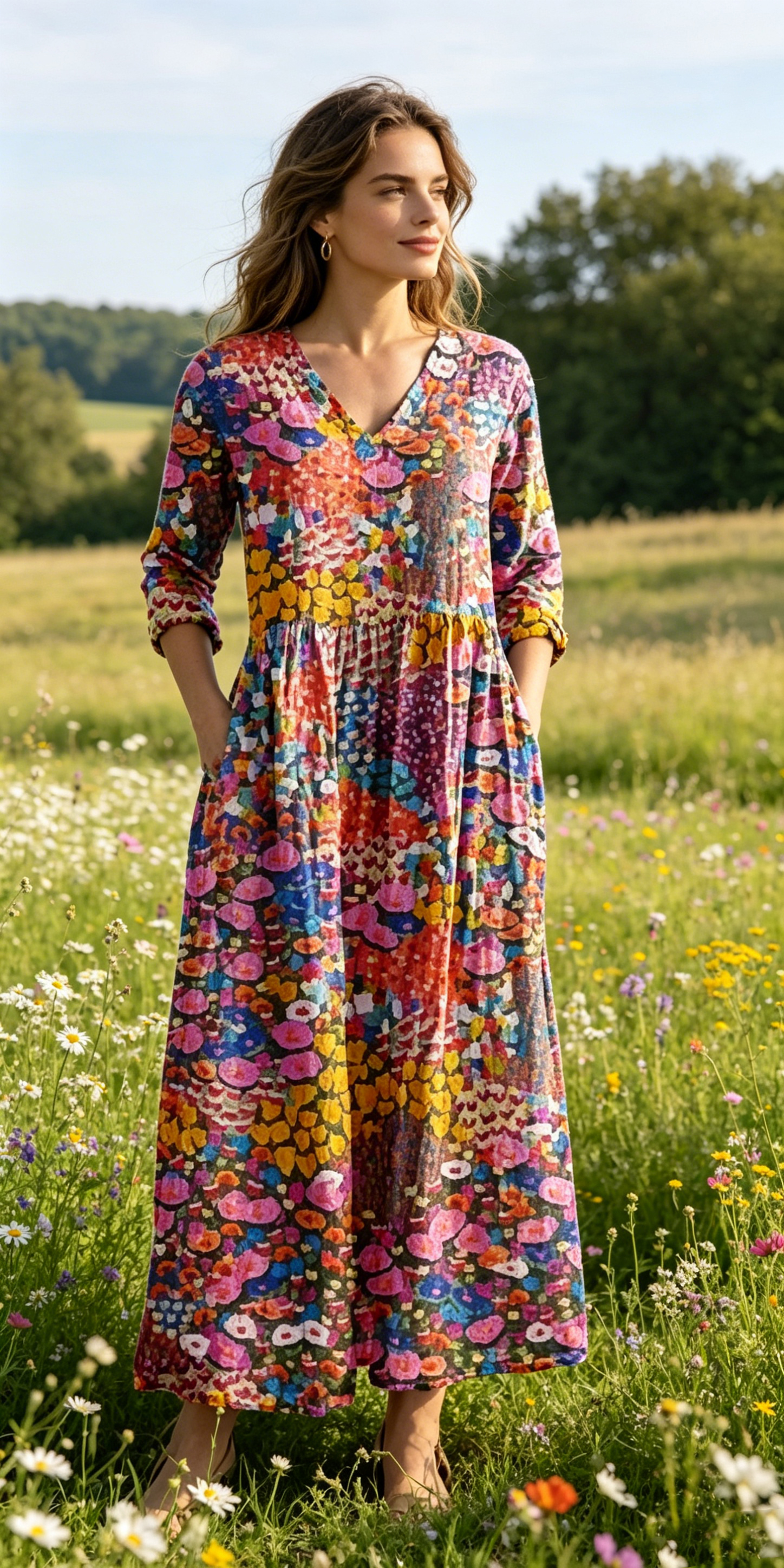 Verschiedene Ausführungen erhältlich – locker sitzendes, stilvolles und elegantes bedrucktes Kleid mit V-Ausschnitt
