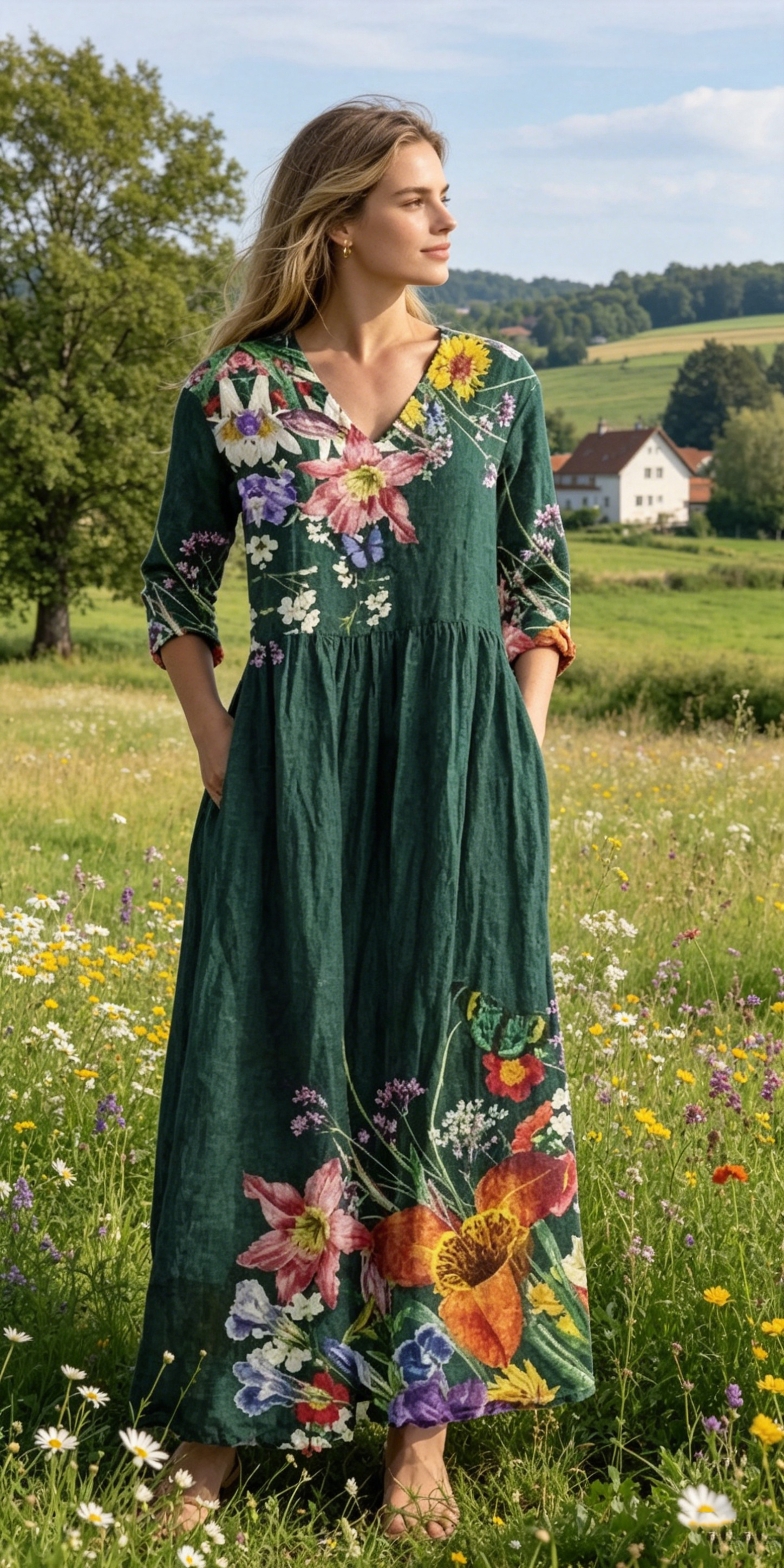 Verschiedene Ausführungen erhältlich – locker sitzendes, stilvolles und elegantes bedrucktes Kleid mit V-Ausschnitt