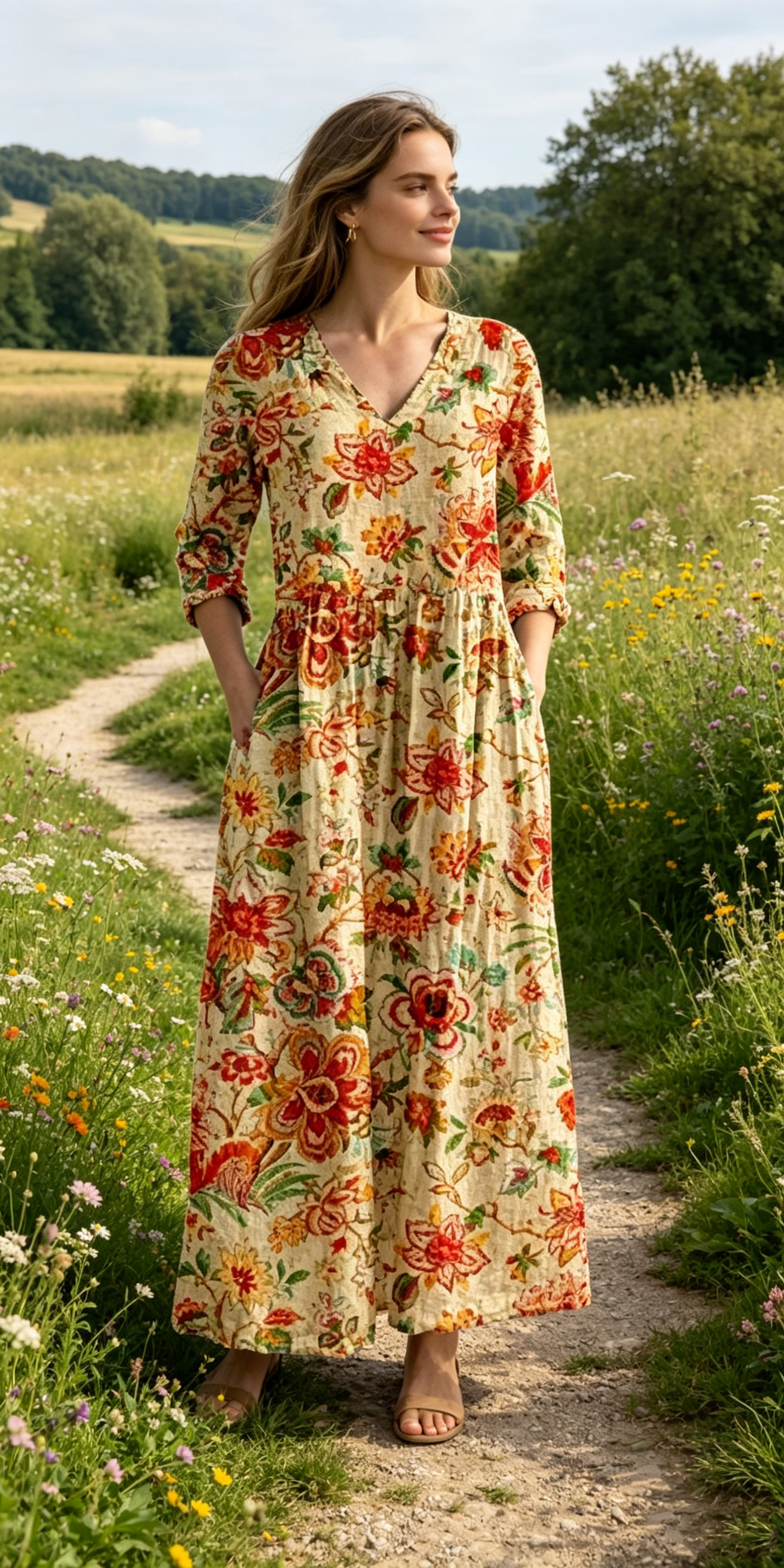 Verschiedene Ausführungen erhältlich – locker sitzendes, stilvolles und elegantes bedrucktes Kleid mit V-Ausschnitt
