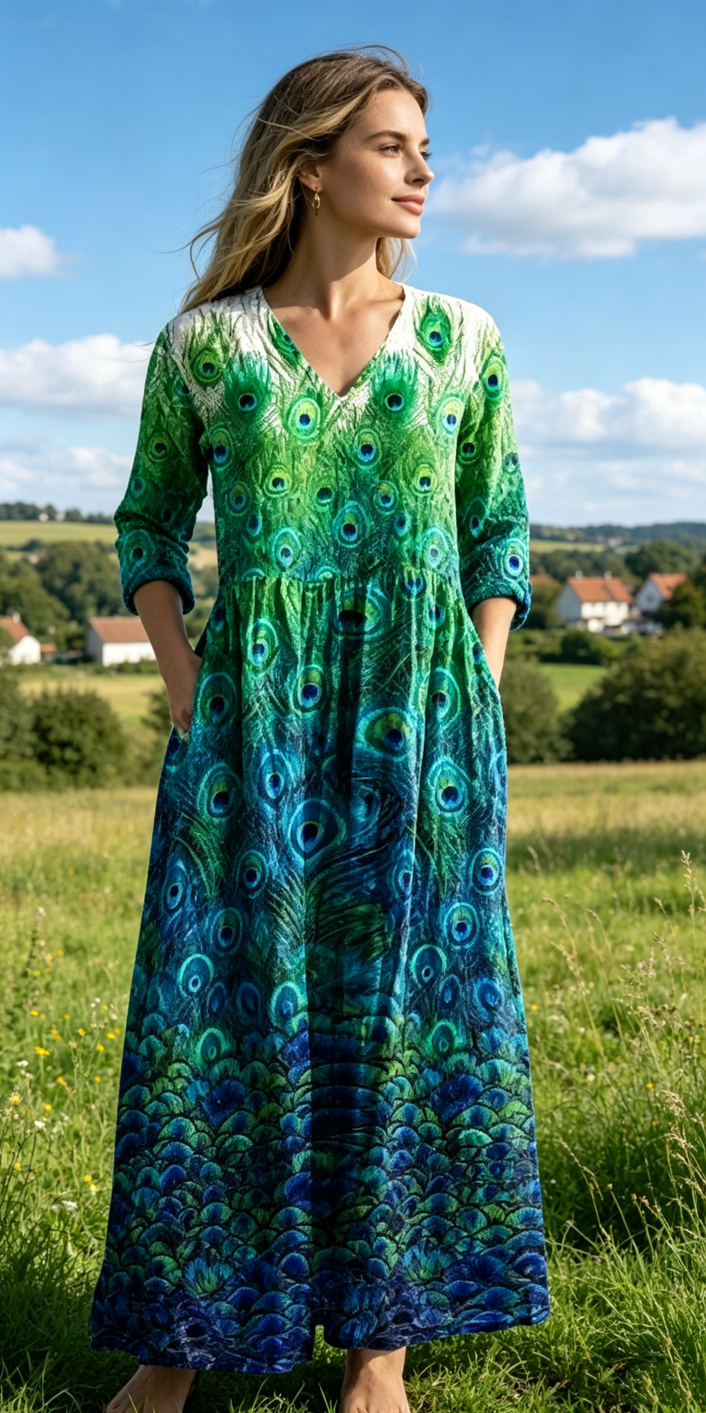 Verschiedene Ausführungen erhältlich – locker sitzendes, stilvolles und elegantes bedrucktes Kleid mit V-Ausschnitt