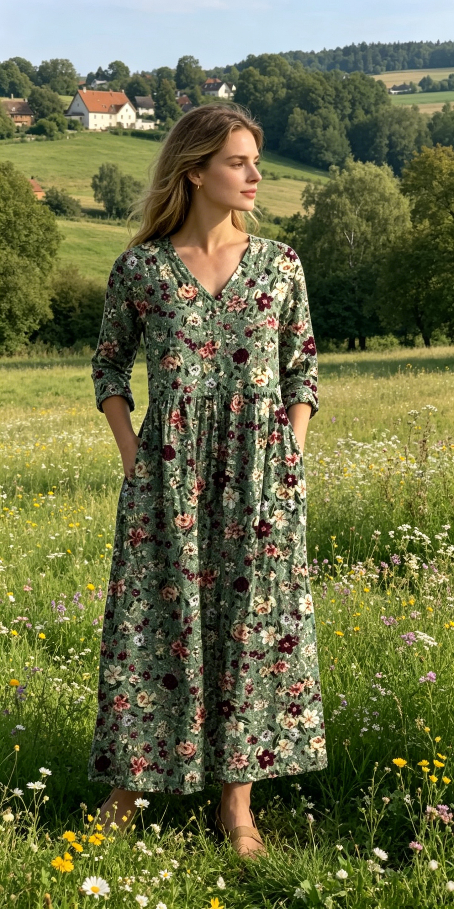 Verschiedene Ausführungen erhältlich – locker sitzendes, stilvolles und elegantes bedrucktes Kleid mit V-Ausschnitt