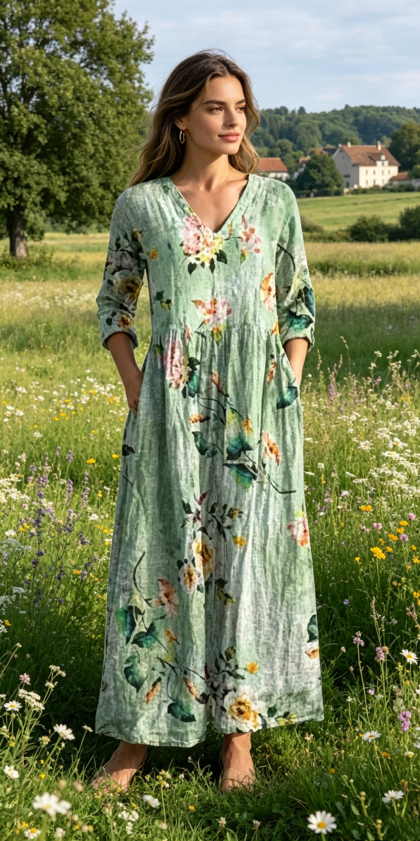 Verschiedene Ausführungen erhältlich – locker sitzendes, stilvolles und elegantes bedrucktes Kleid mit V-Ausschnitt