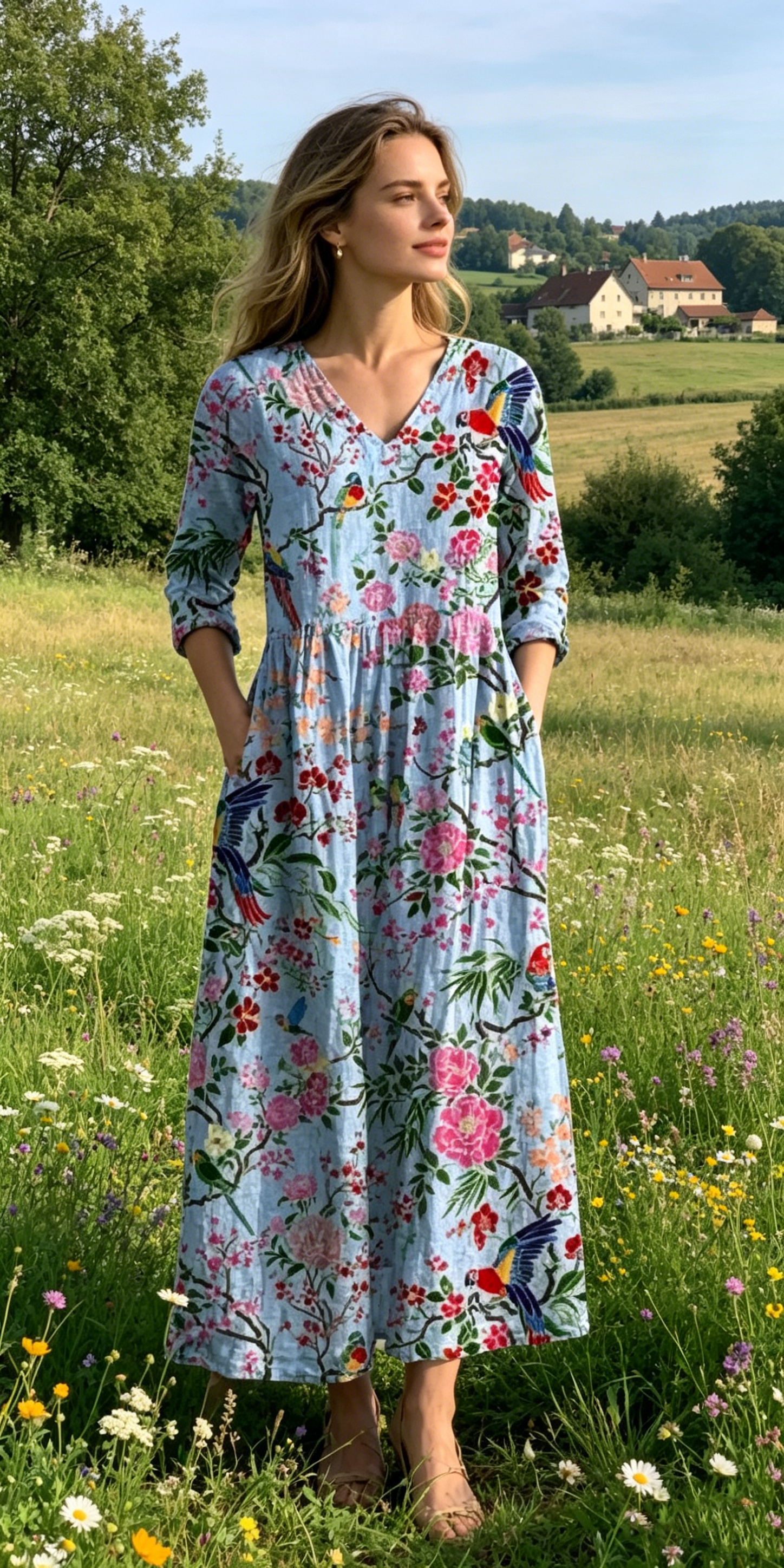 Verschiedene Ausführungen erhältlich – locker sitzendes, stilvolles und elegantes bedrucktes Kleid mit V-Ausschnitt