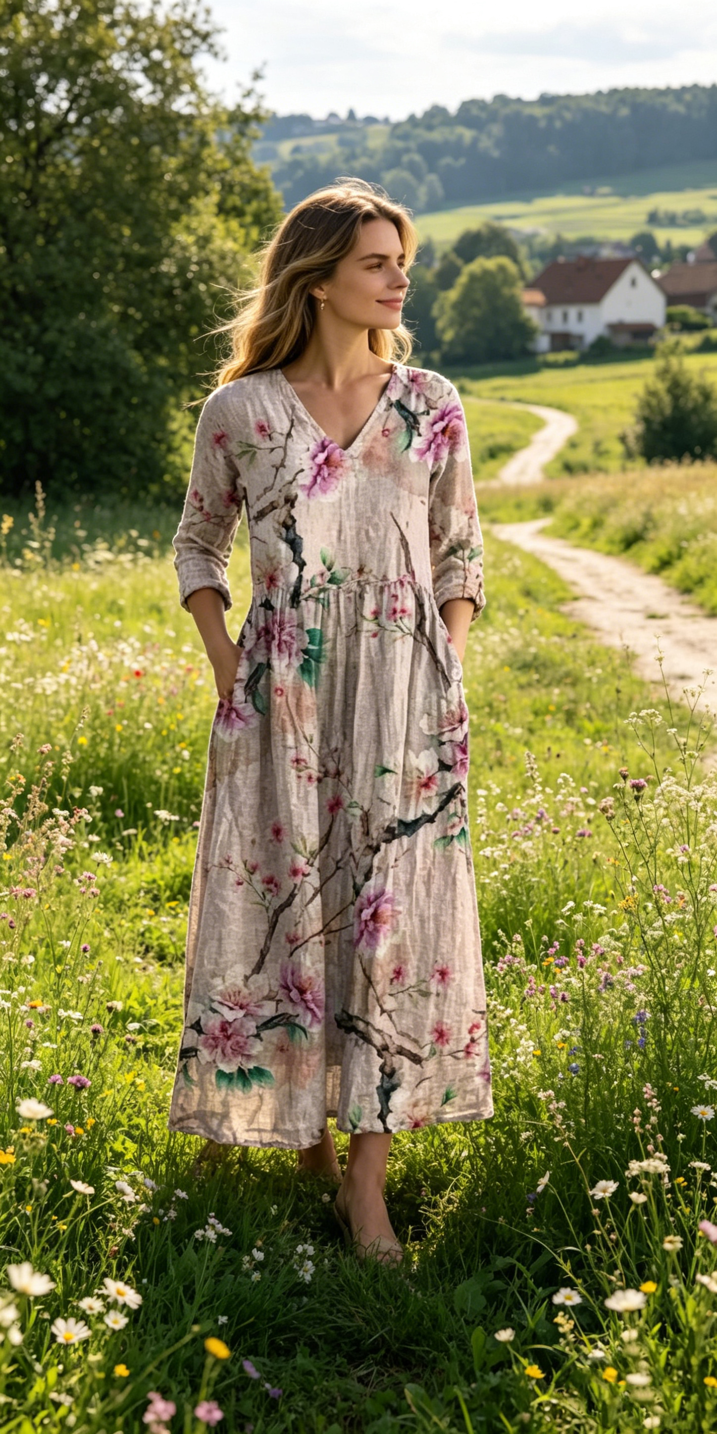 Verschiedene Ausführungen erhältlich – locker sitzendes, stilvolles und elegantes bedrucktes Kleid mit V-Ausschnitt