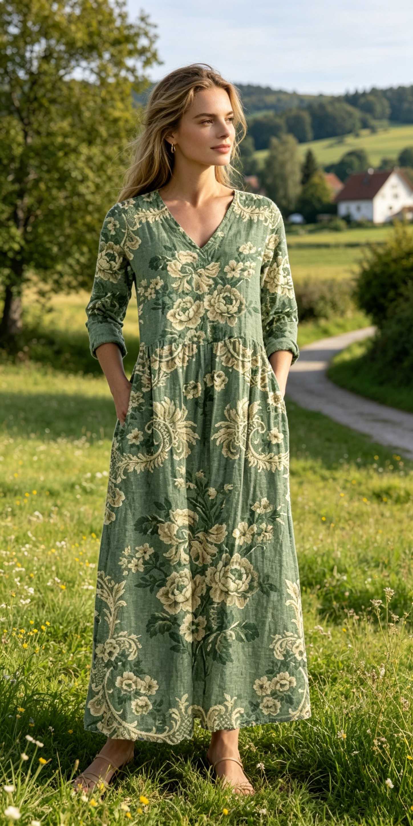 Verschiedene Ausführungen erhältlich – locker sitzendes, stilvolles und elegantes bedrucktes Kleid mit V-Ausschnitt