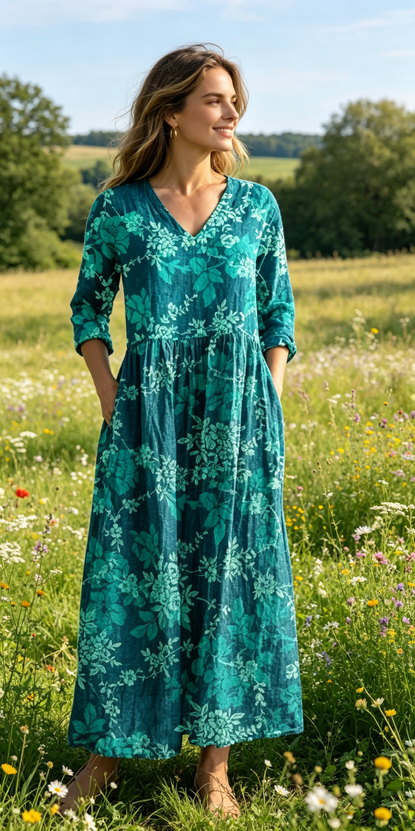 Verschiedene Ausführungen erhältlich – locker sitzendes, stilvolles und elegantes bedrucktes Kleid mit V-Ausschnitt