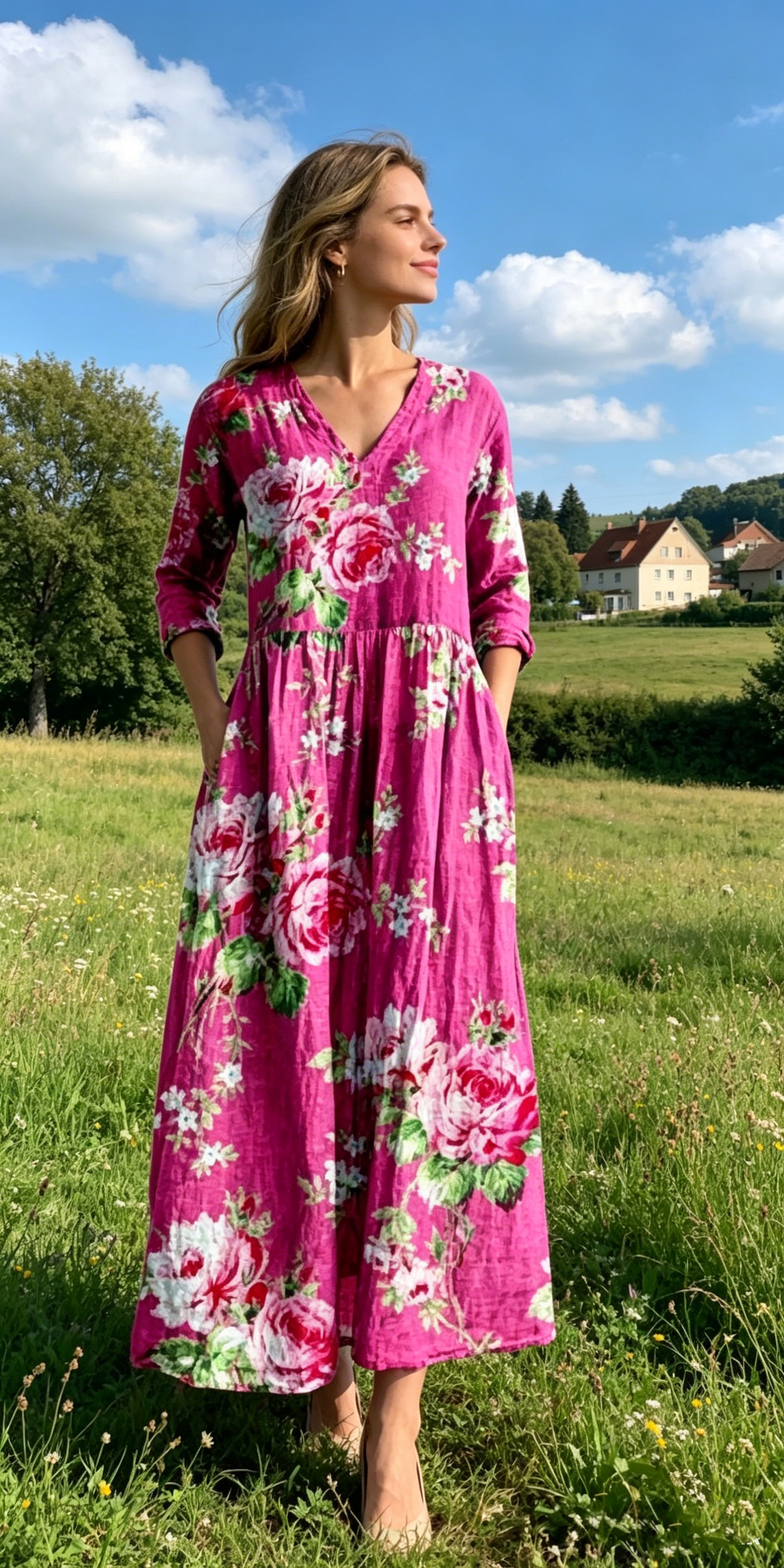 Verschiedene Ausführungen erhältlich – locker sitzendes, stilvolles und elegantes bedrucktes Kleid mit V-Ausschnitt