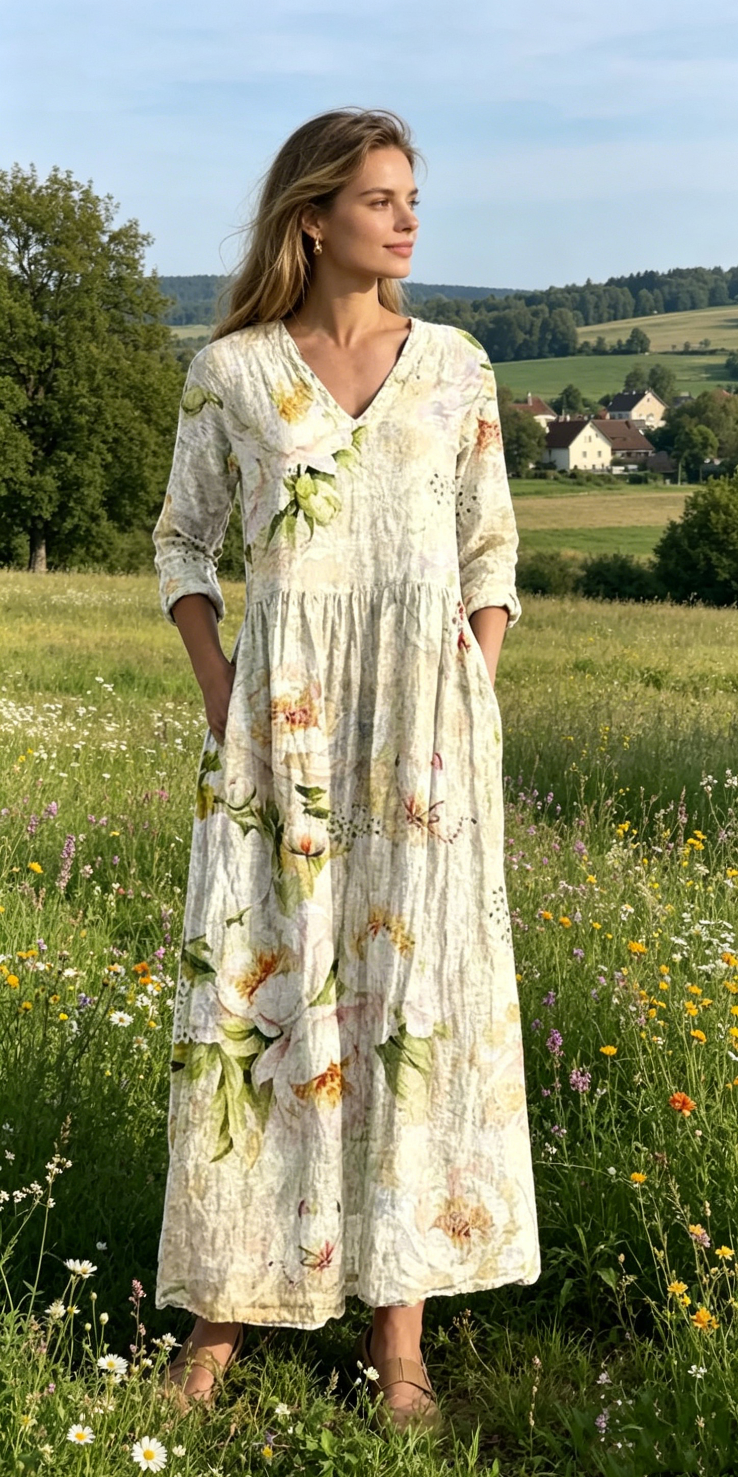 Verschiedene Ausführungen erhältlich – locker sitzendes, stilvolles und elegantes bedrucktes Kleid mit V-Ausschnitt