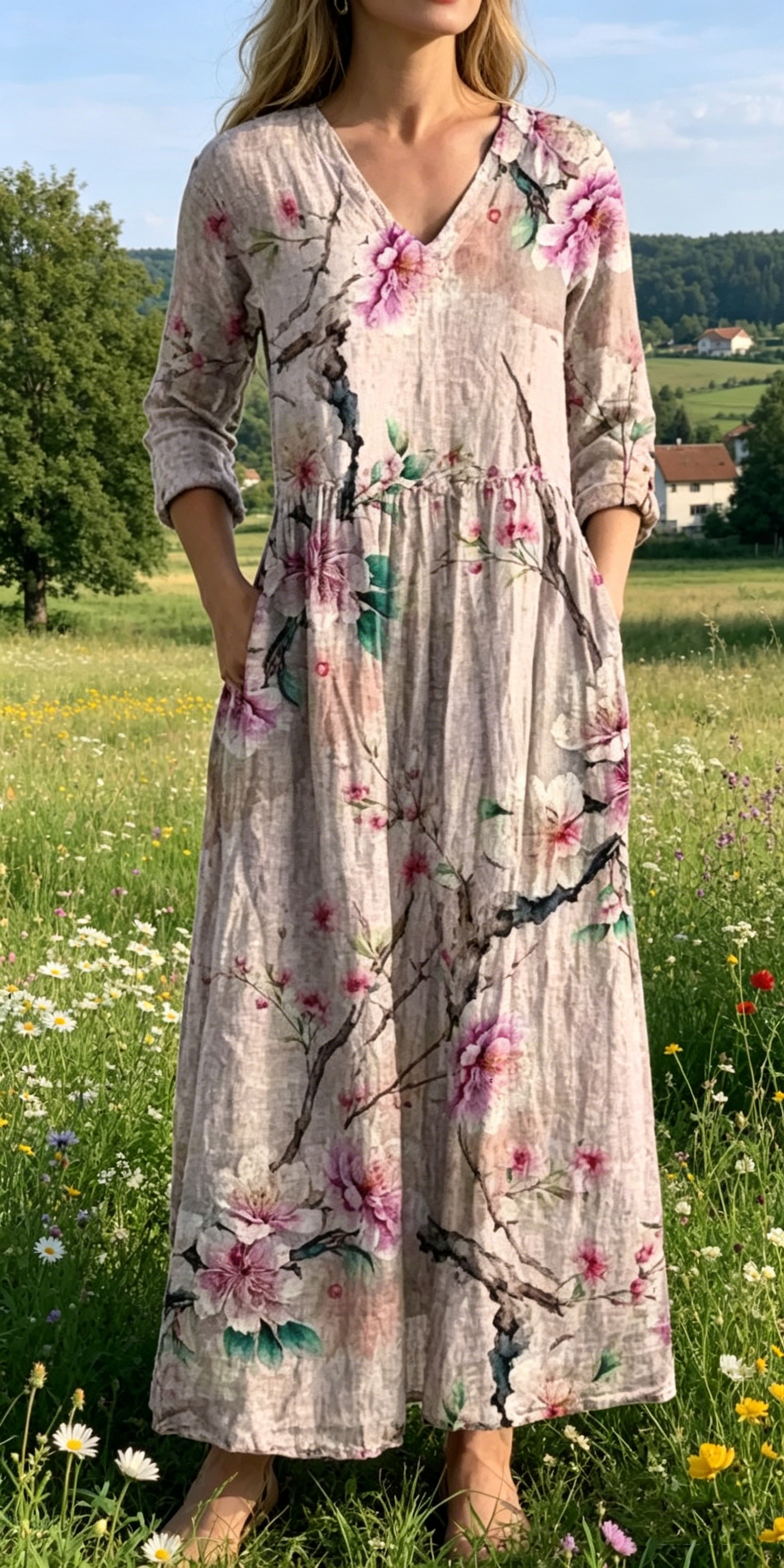 Verschiedene Ausführungen erhältlich – locker sitzendes, stilvolles und elegantes bedrucktes Kleid mit V-Ausschnitt