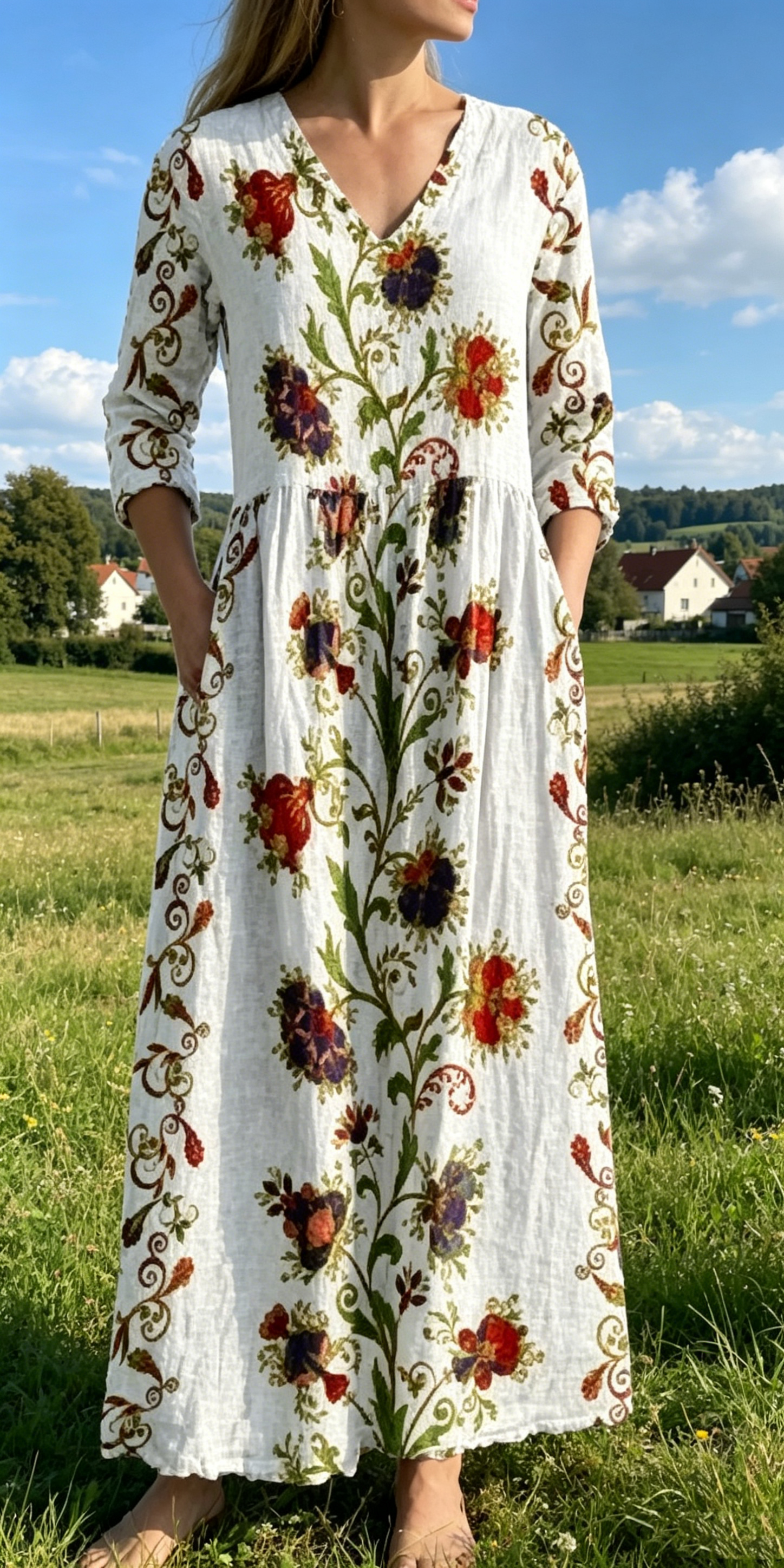 Verschiedene Ausführungen erhältlich – locker sitzendes, stilvolles und elegantes bedrucktes Kleid mit V-Ausschnitt