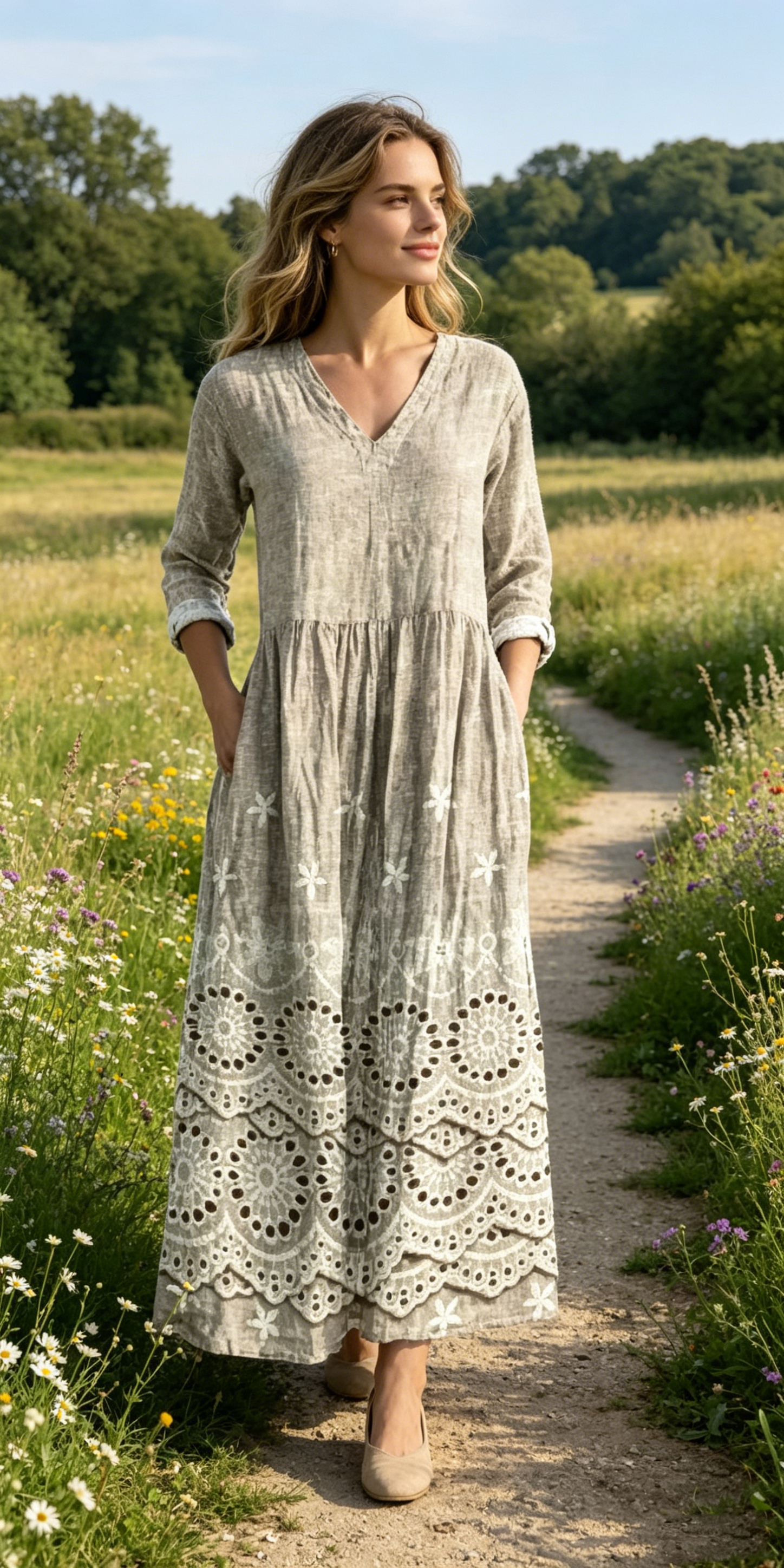 Verschiedene Ausführungen erhältlich – locker sitzendes, stilvolles und elegantes bedrucktes Kleid mit V-Ausschnitt