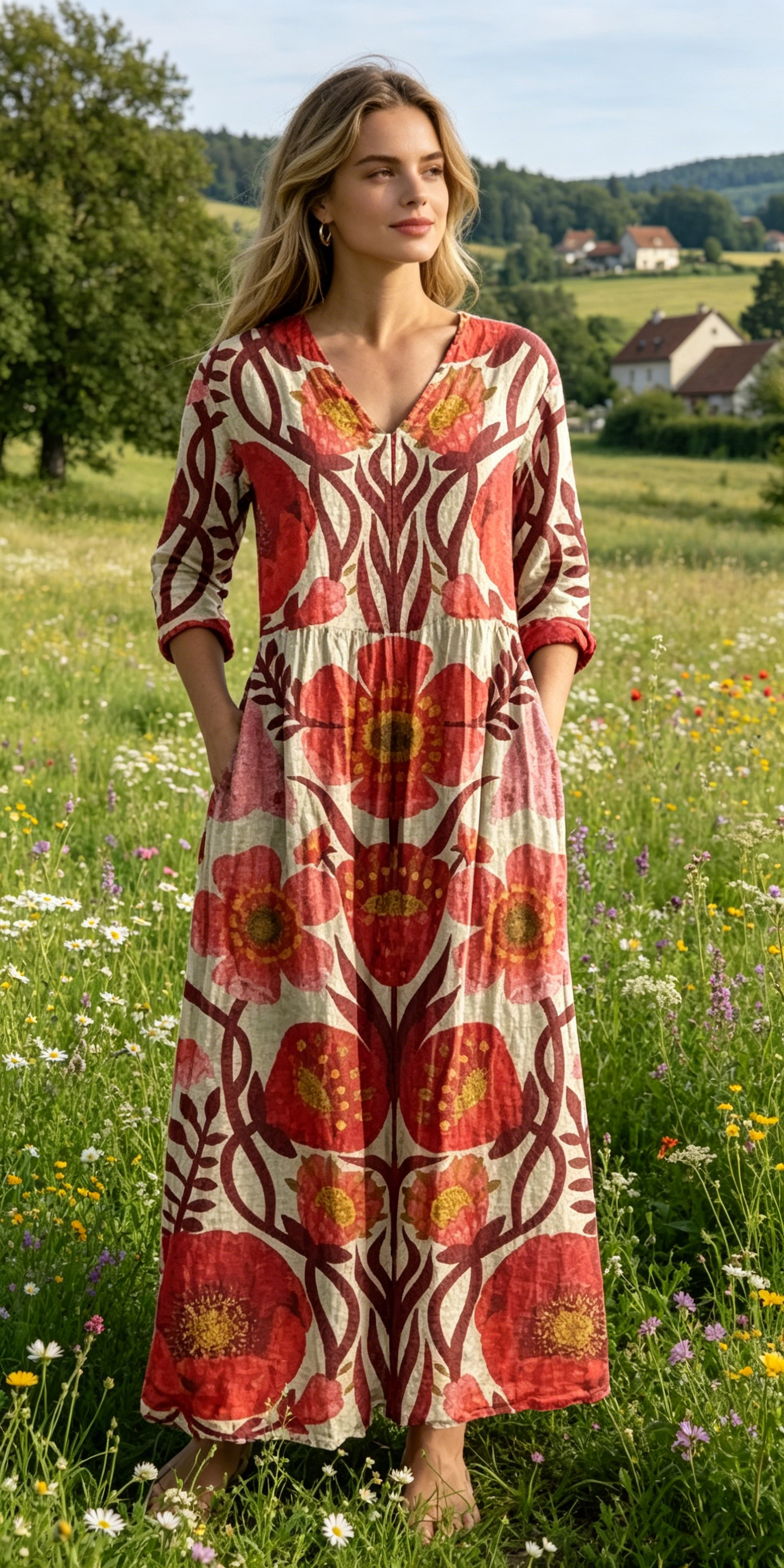 Verschiedene Ausführungen erhältlich – locker sitzendes, stilvolles und elegantes bedrucktes Kleid mit V-Ausschnitt