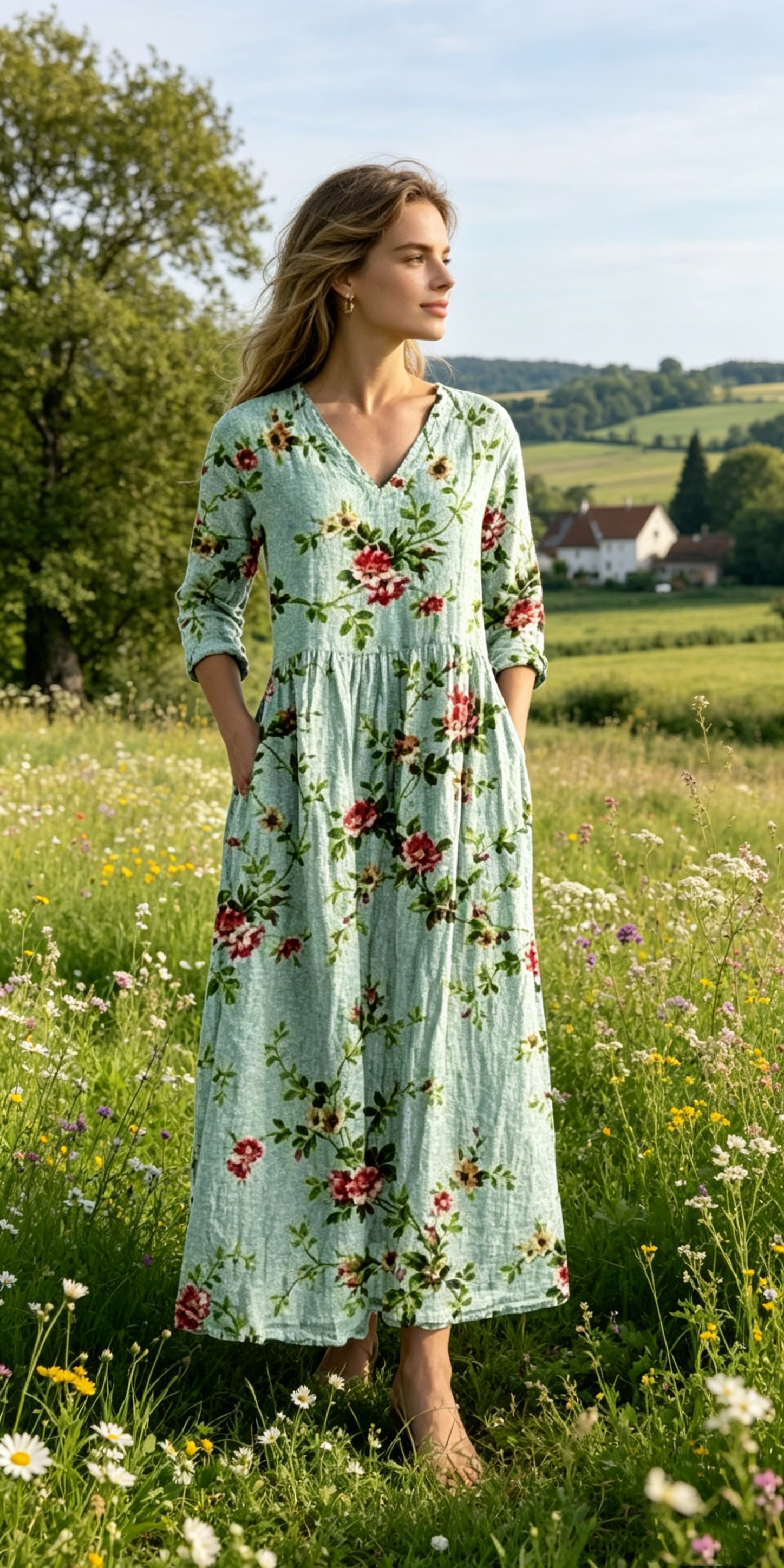 Verschiedene Ausführungen erhältlich – locker sitzendes, stilvolles und elegantes bedrucktes Kleid mit V-Ausschnitt