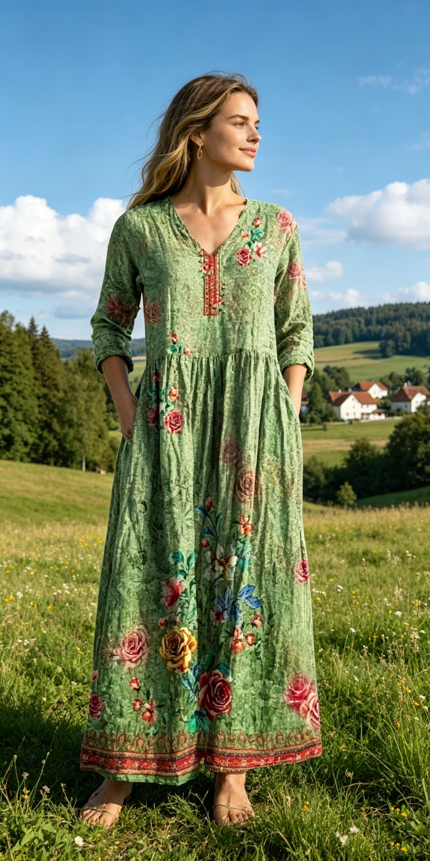 Verschiedene Ausführungen erhältlich – locker sitzendes, stilvolles und elegantes bedrucktes Kleid mit V-Ausschnitt