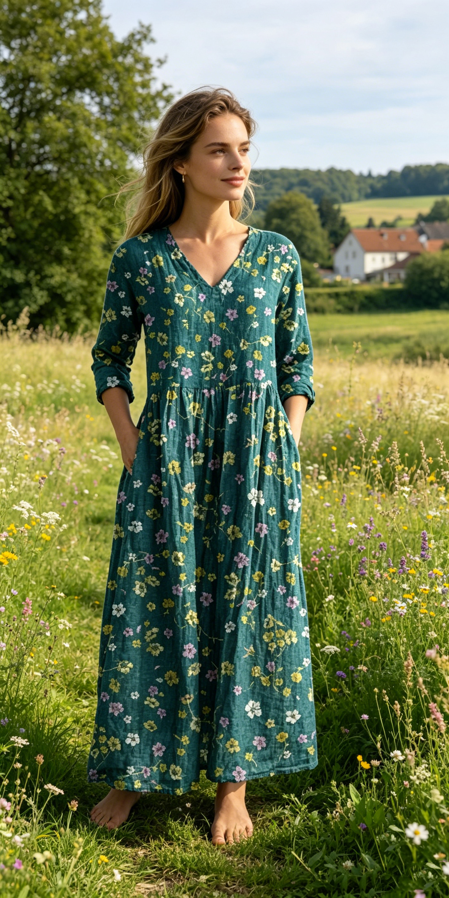 Verschiedene Ausführungen erhältlich – locker sitzendes, stilvolles und elegantes bedrucktes Kleid mit V-Ausschnitt