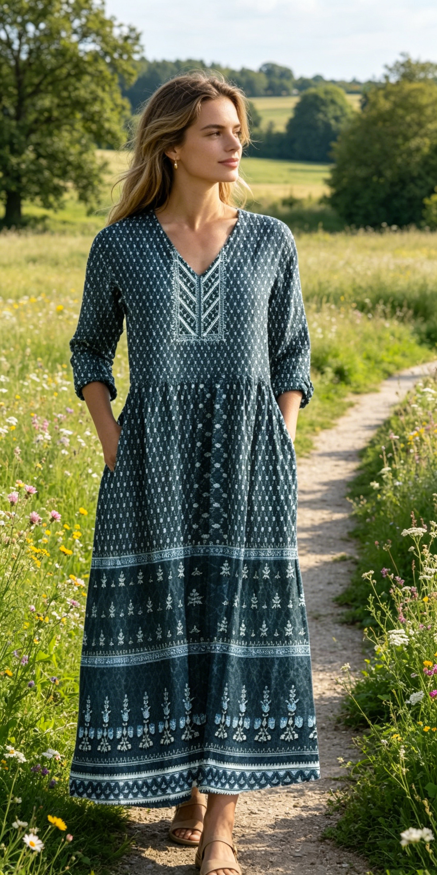 Verschiedene Ausführungen erhältlich – locker sitzendes, stilvolles und elegantes bedrucktes Kleid mit V-Ausschnitt