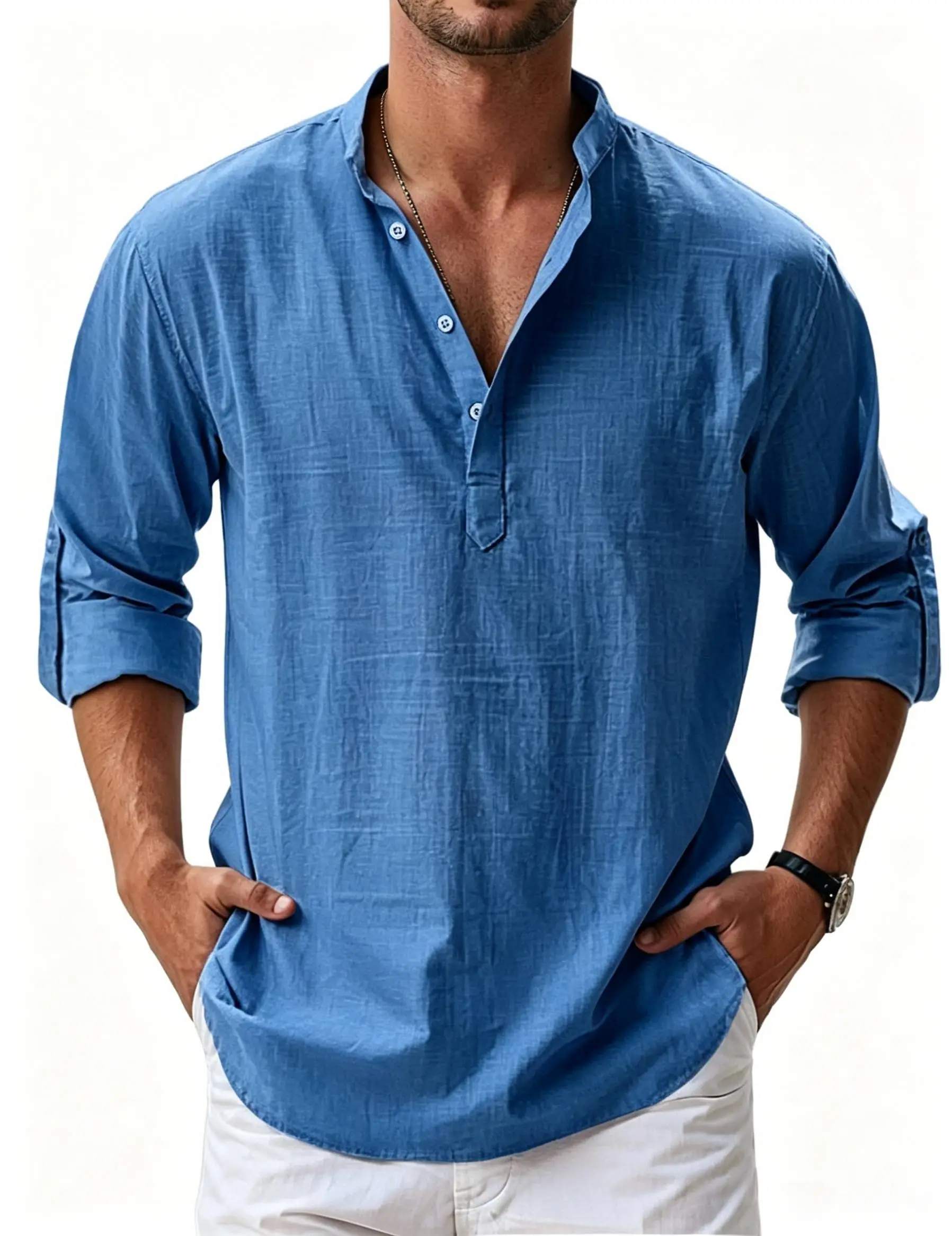 Chemise décontractée basique à manches longues pour homme, en coton et lin, à col montant