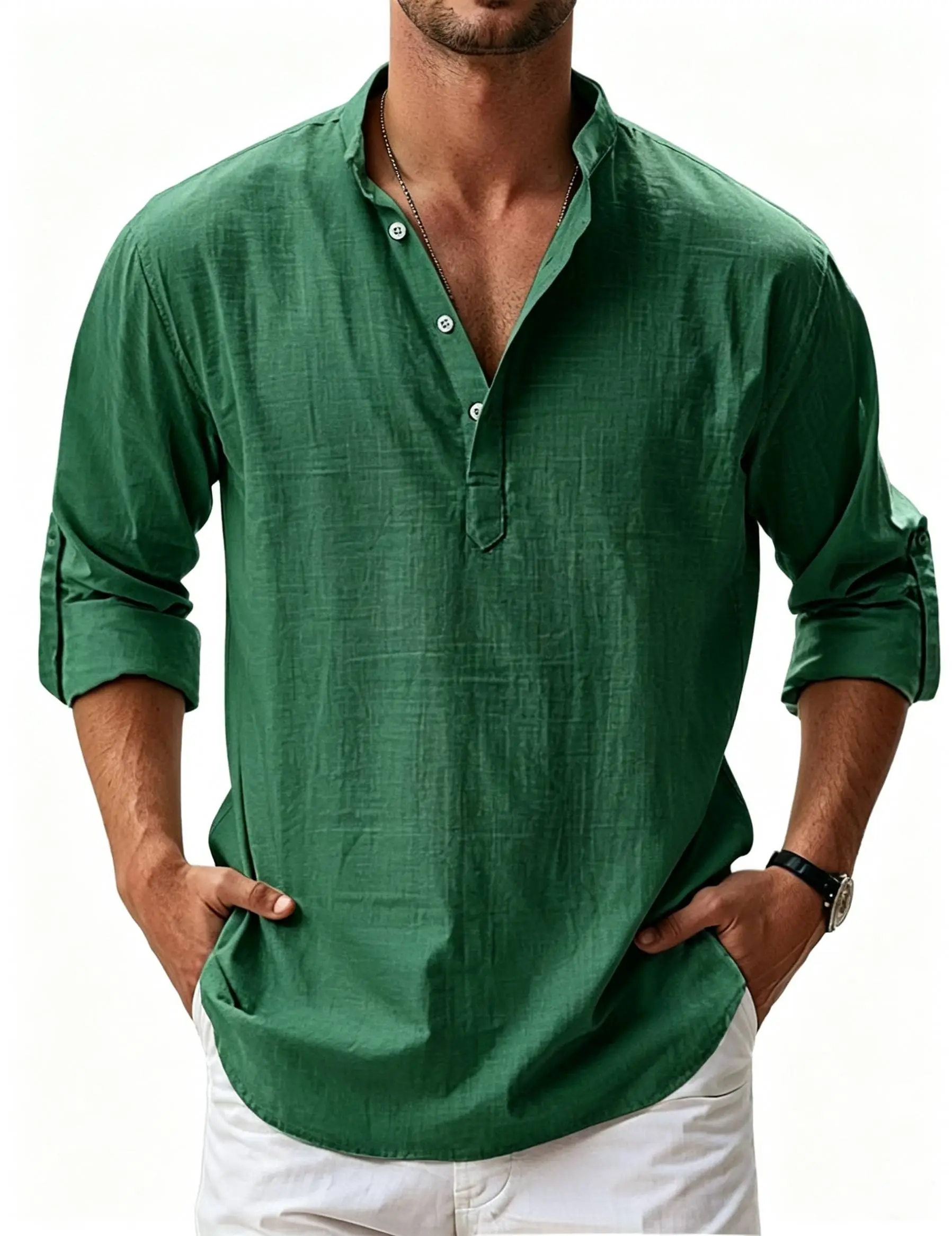 Chemise décontractée basique à manches longues pour homme, en coton et lin, à col montant