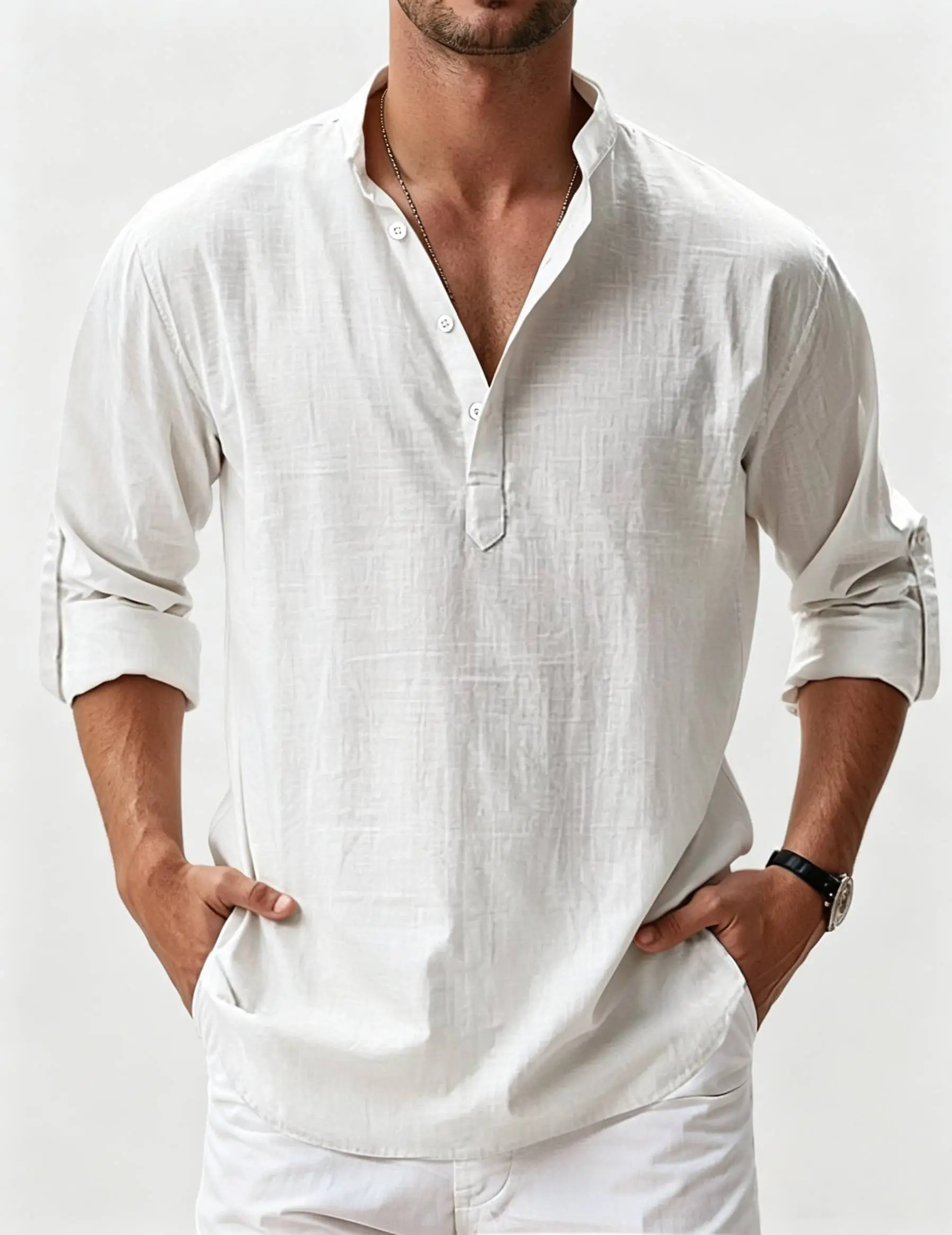 Chemise décontractée basique à manches longues pour homme, en coton et lin, à col montant
