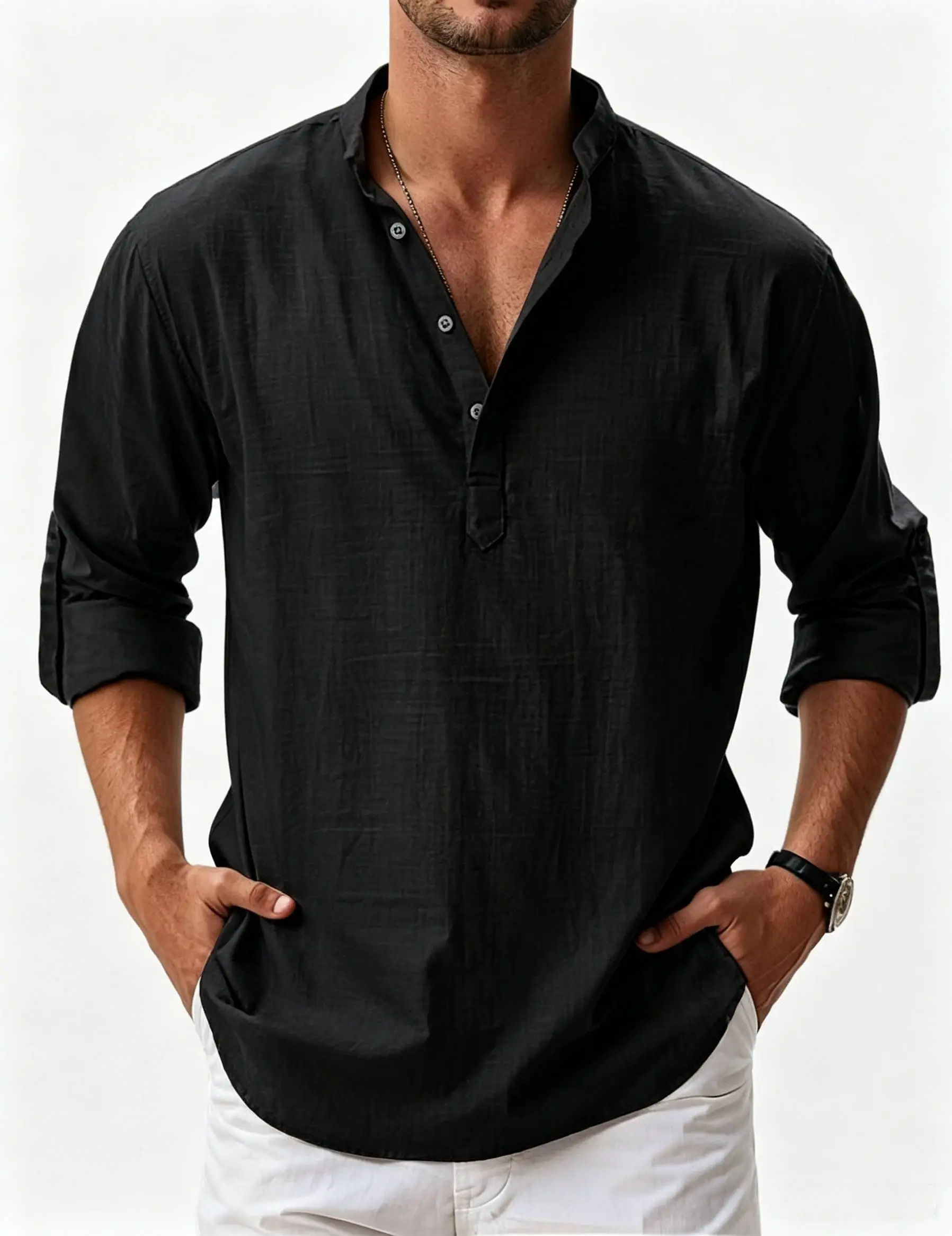 Chemise décontractée basique à manches longues pour homme, en coton et lin, à col montant