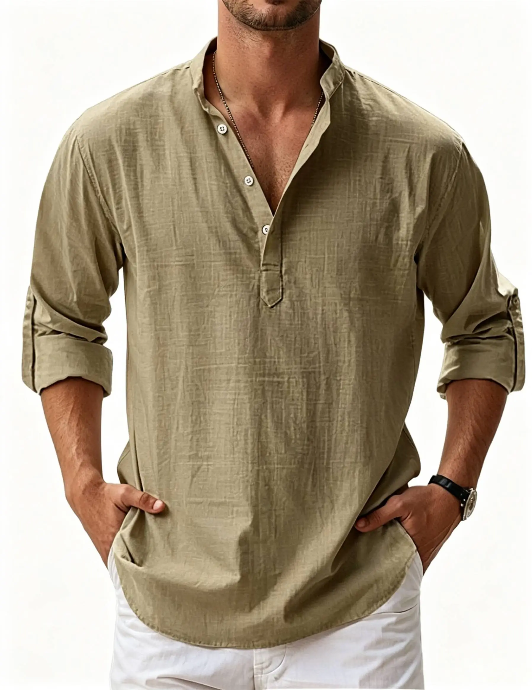 Chemise décontractée basique à manches longues pour homme, en coton et lin, à col montant