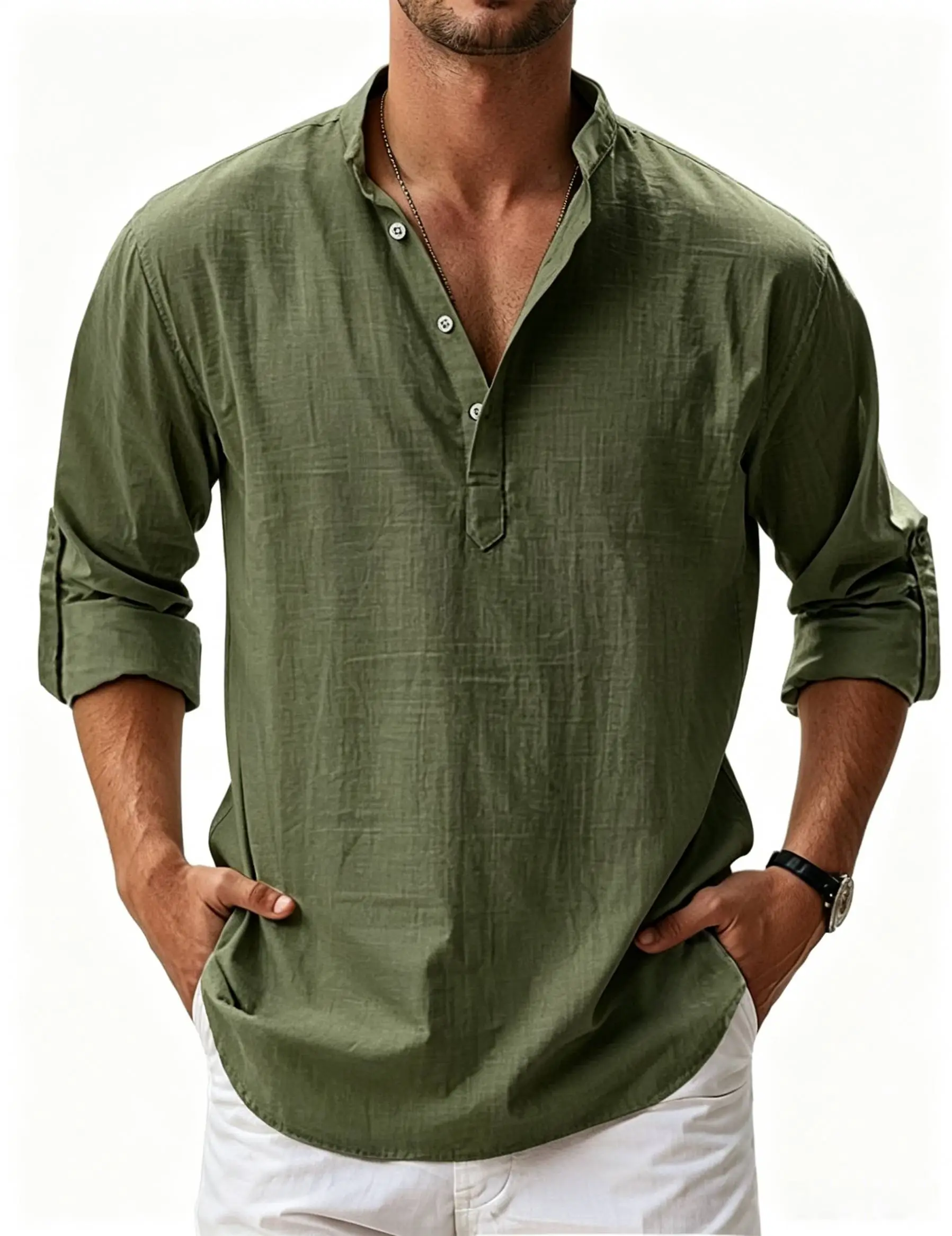 Chemise décontractée basique à manches longues pour homme, en coton et lin, à col montant