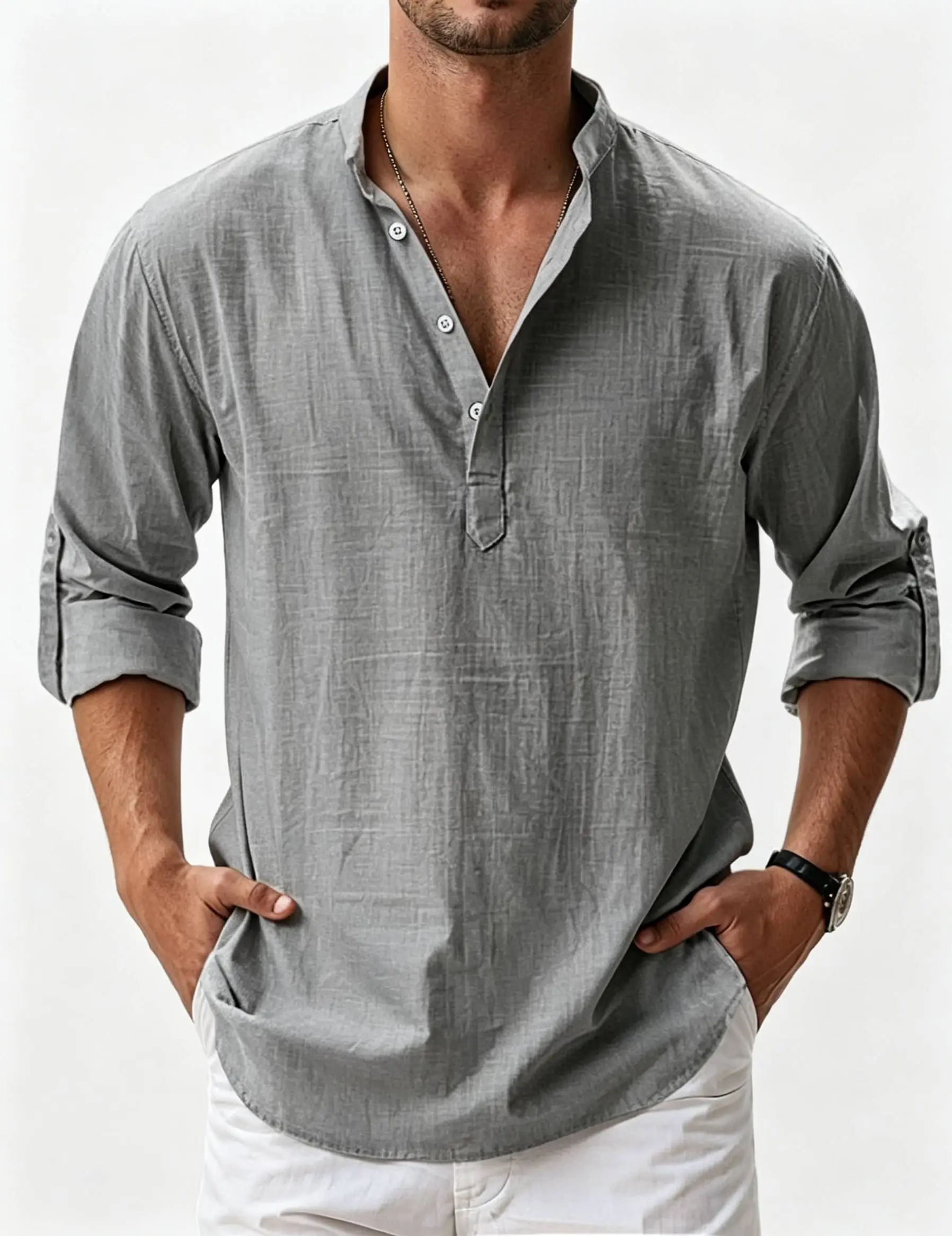 Chemise décontractée basique à manches longues pour homme, en coton et lin, à col montant