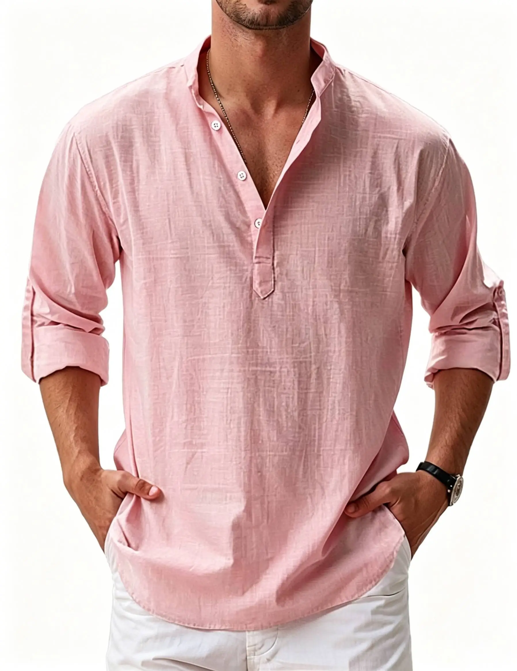 Chemise décontractée basique à manches longues pour homme, en coton et lin, à col montant