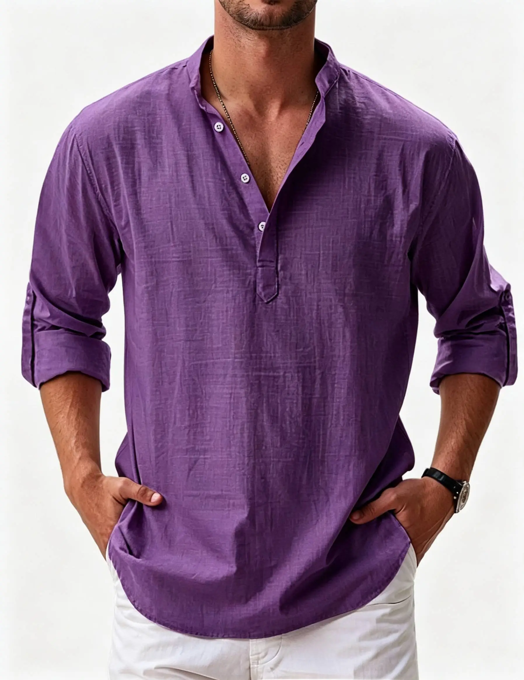 Chemise décontractée basique à manches longues pour homme, en coton et lin, à col montant
