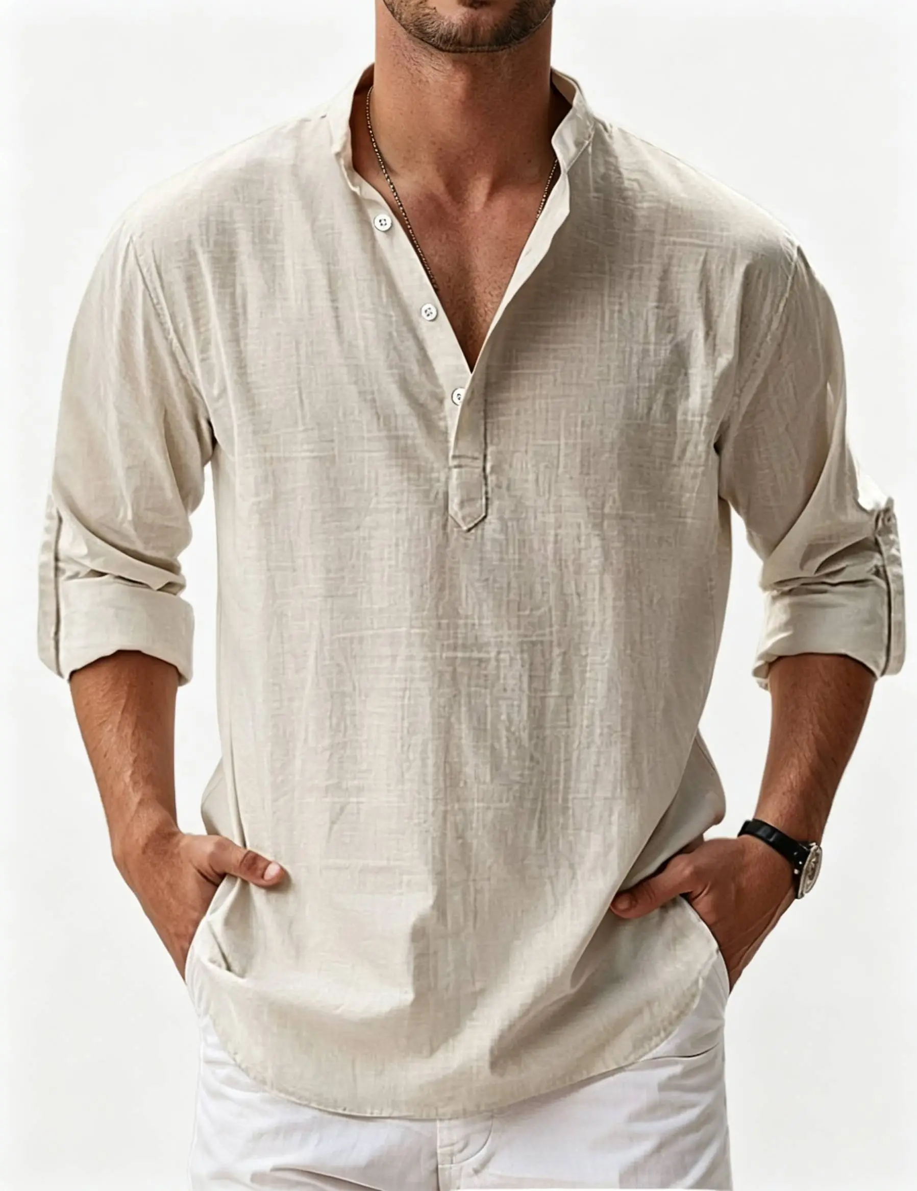 Chemise décontractée basique à manches longues pour homme, en coton et lin, à col montant