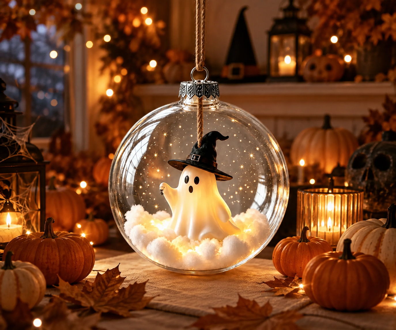 ✨🎃 Ornement lumineux enchanté d’Halloween – Fantôme, sorcière, chat et citrouille à l’éclat chaleureux 👻🐈‍⬛