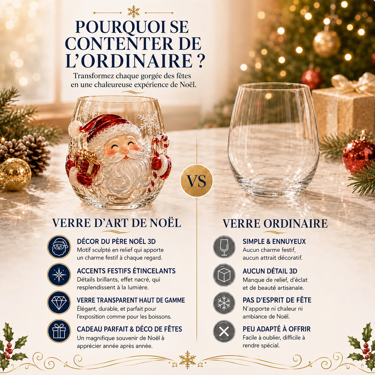 💖Collection magique de verres 3D de Noël – Père Noël, Renne, Bonhomme de neige et Sapin de Noël