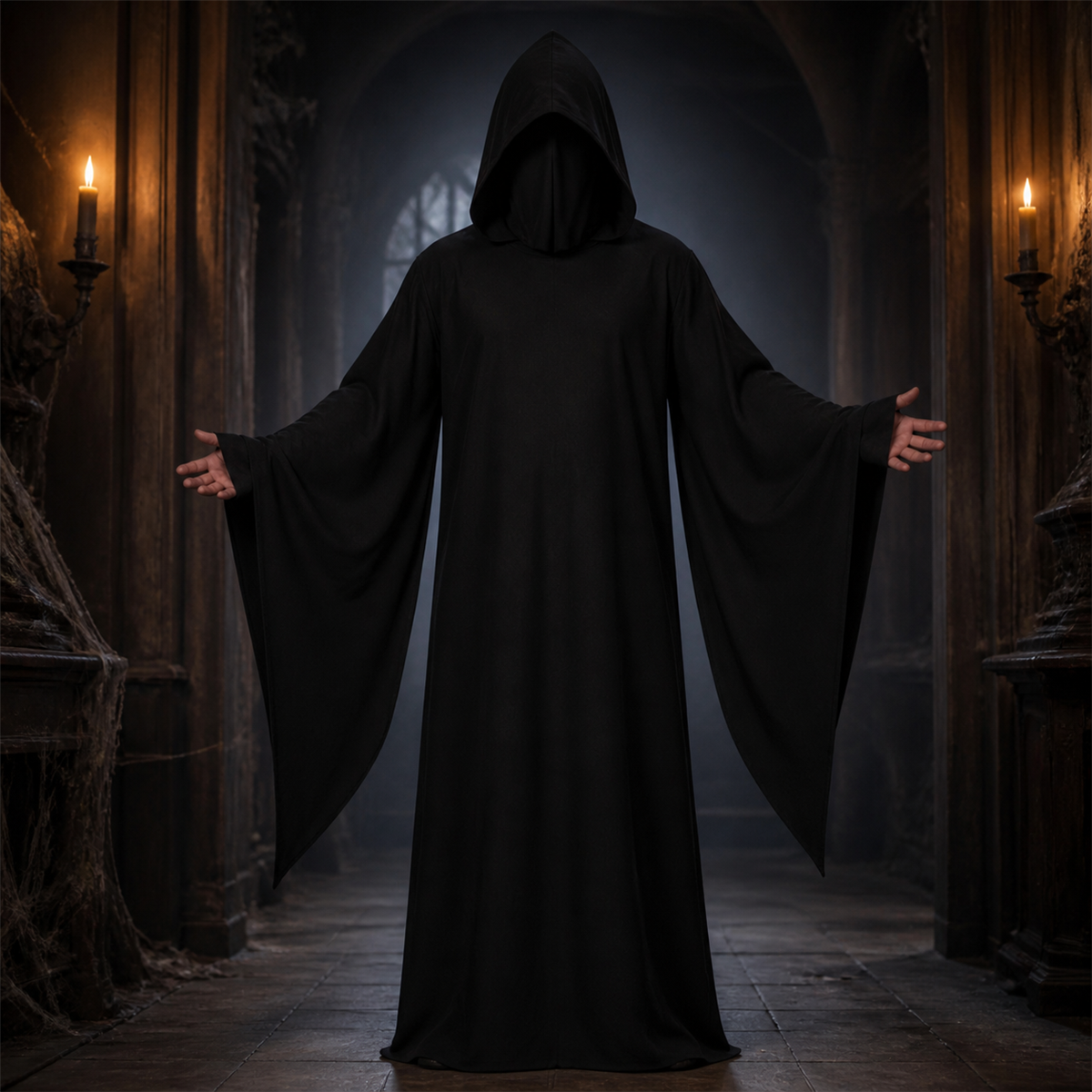 🌑 Silhouette de l’ombre | Longue robe noire de Faucheuse à capuche