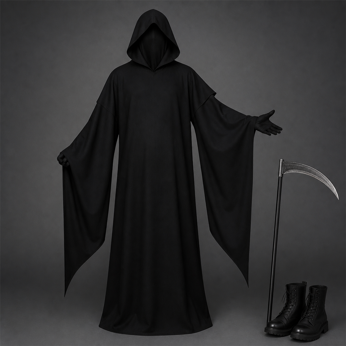 🌑 Silhouette de l’ombre | Longue robe noire de Faucheuse à capuche