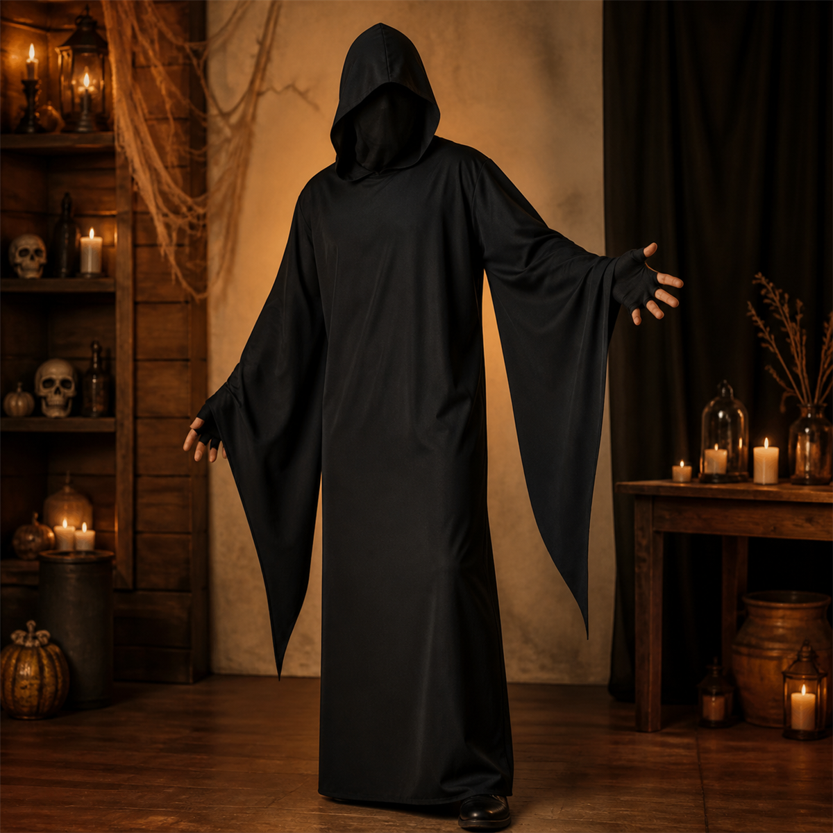 🌑 Silhouette de l’ombre | Longue robe noire de Faucheuse à capuche
