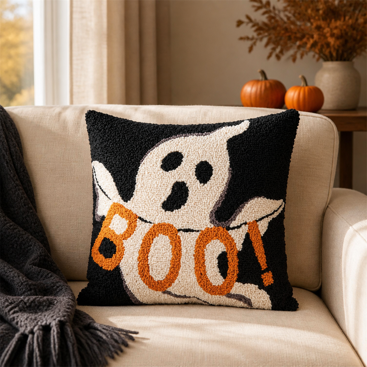 👻 Douceur d’Halloween | Coussin fantôme BOO de 35 cm